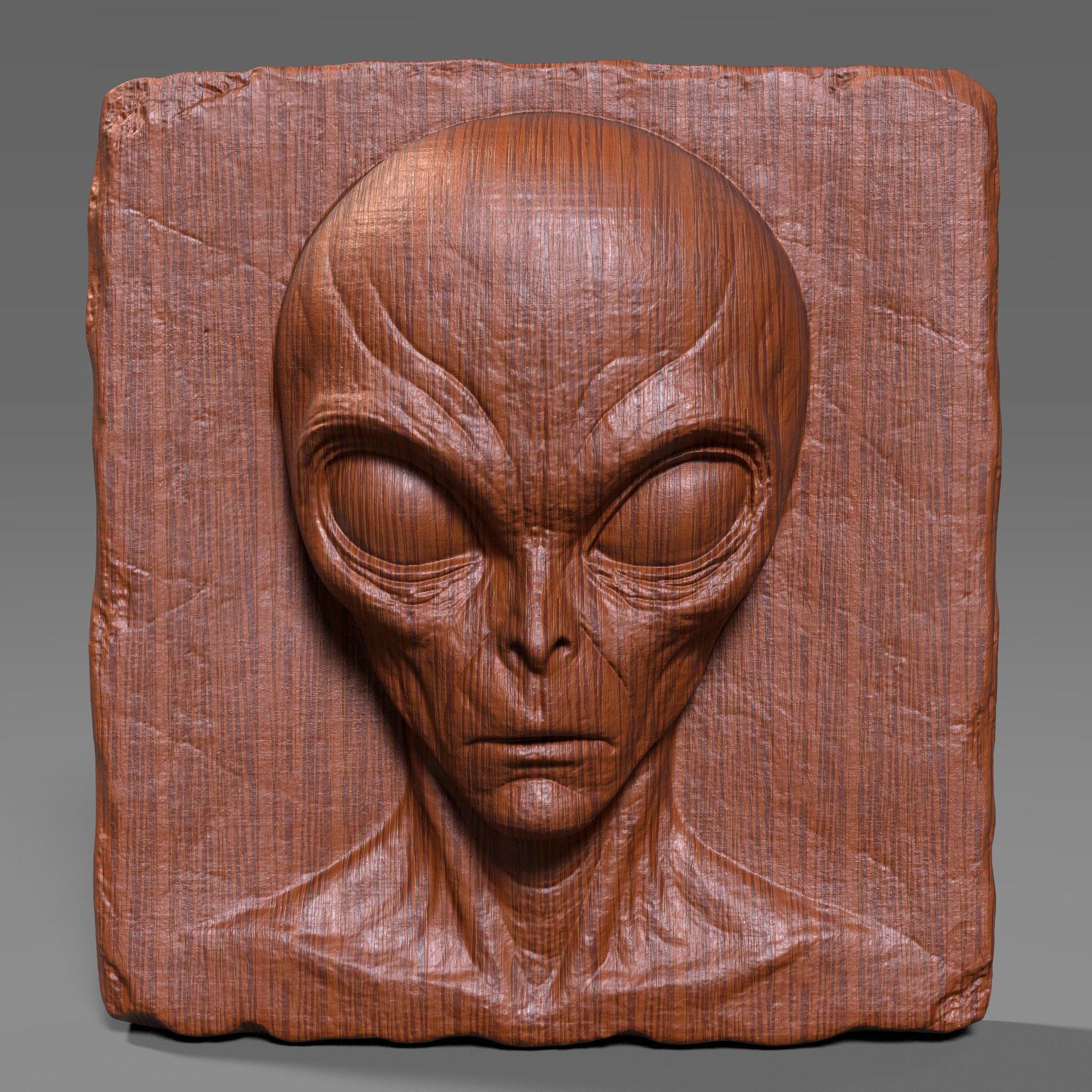 Highly detailed 3D bas relief carving of a creepy alien face on a rectangular wooden slab with chipped edges, perfect for Halloween or horror decor. The extraterrestrial figure features a bald elongated head, large almond-shaped eyes, and sunken facial features that give it an ominous and mysterious expression. The vertical wood grain texture enhances its eerie vibe. Designed for CNC carving, laser engraving, or 3D printing, this spooky wall art makes a haunting sci-fi statement.