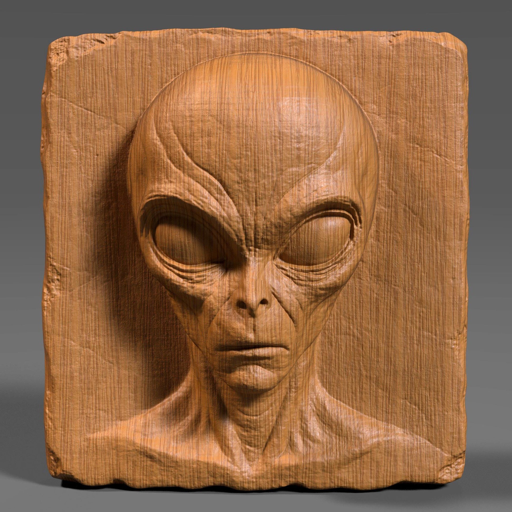 Highly detailed 3D bas relief carving of a creepy alien face on a rectangular wooden slab with chipped edges, perfect for Halloween or horror decor. The extraterrestrial figure features a bald elongated head, large almond-shaped eyes, and sunken facial features that give it an ominous and mysterious expression. The vertical wood grain texture enhances its eerie vibe. Designed for CNC carving, laser engraving, or 3D printing, this spooky wall art makes a haunting sci-fi statement.