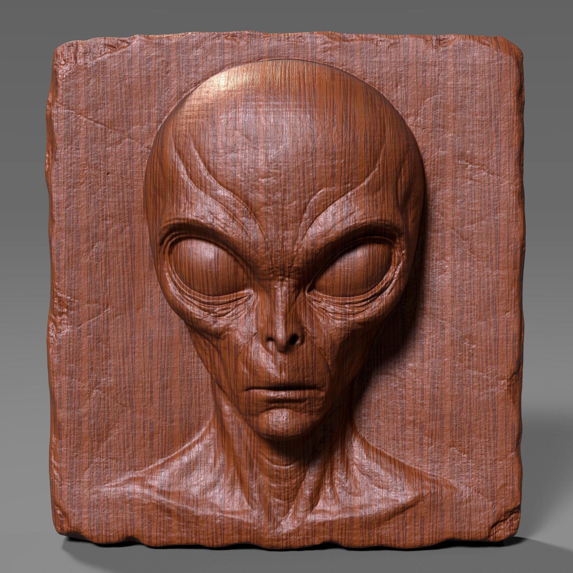 Highly detailed 3D bas relief carving of a creepy alien face on a rectangular wooden slab with chipped edges, perfect for Halloween or horror decor. The extraterrestrial figure features a bald elongated head, large almond-shaped eyes, and sunken facial features that give it an ominous and mysterious expression. The vertical wood grain texture enhances its eerie vibe. Designed for CNC carving, laser engraving, or 3D printing, this spooky wall art makes a haunting sci-fi statement.