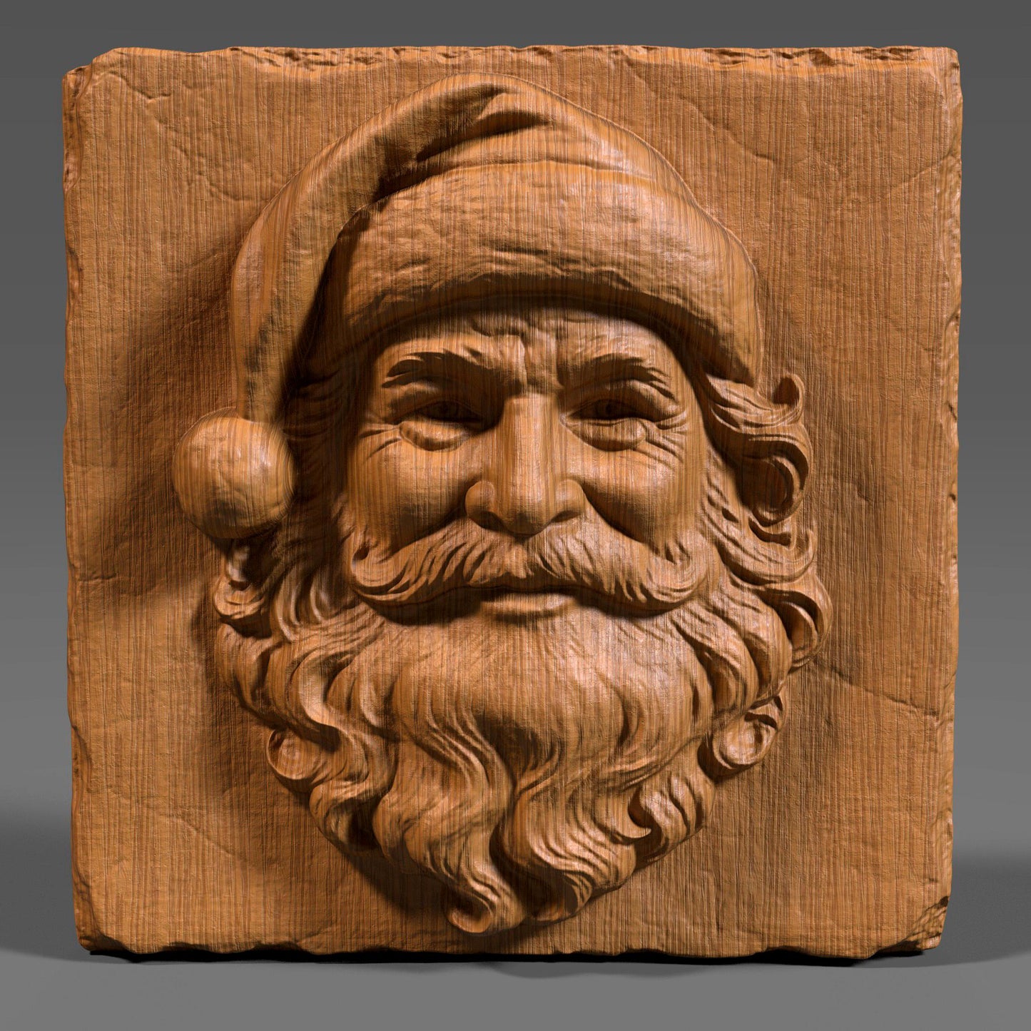 A detailed 3D bas-relief wood carving of Santa Claus’s joyful face on a rustic square wooden slab. The cheerful expression features classic details like a full curly beard, expressive eyes, and a Santa hat with a pom-pom that bends to the left. The texture of the wood grain enhances the traditional, handcrafted aesthetic, while the high-relief sculpting gives it depth and character. Ideal for Christmas-themed décor, laser engraving, CNC carving, or festive holiday crafts.