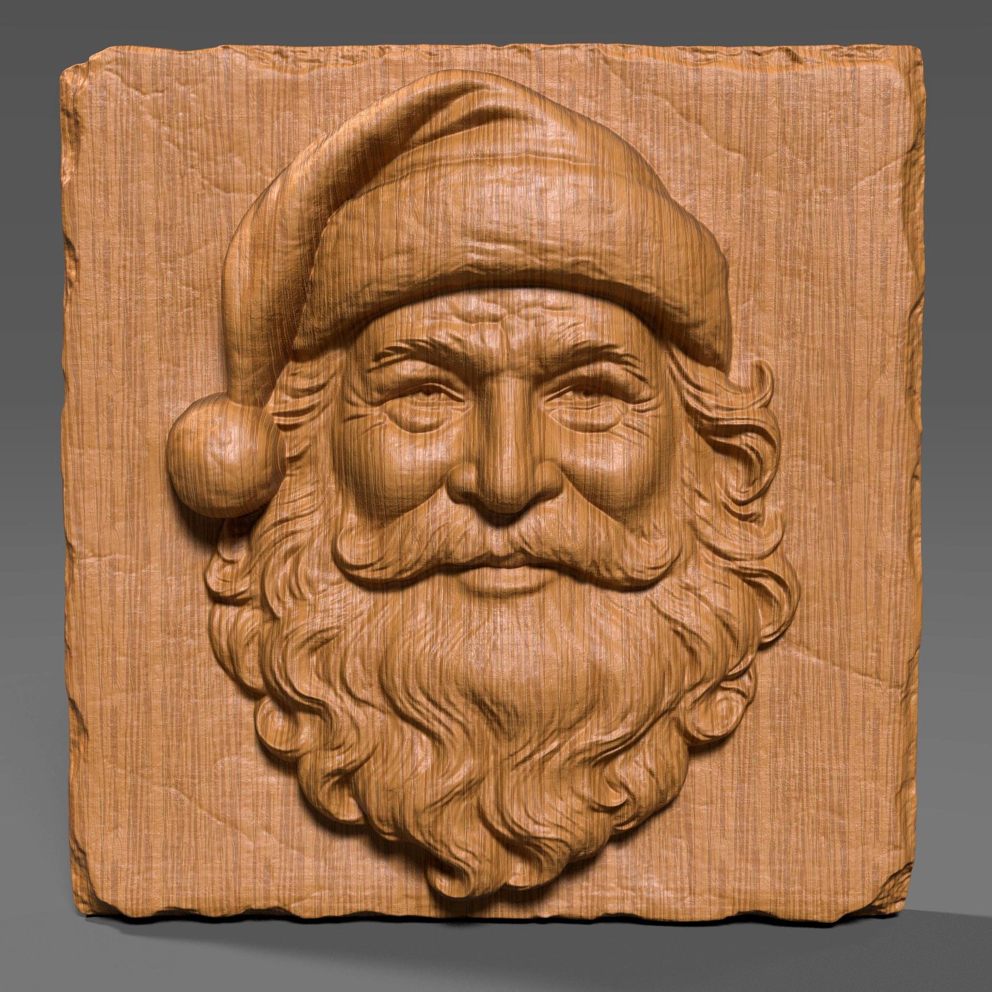 A detailed 3D bas-relief wood carving of Santa Claus’s joyful face on a rustic square wooden slab. The cheerful expression features classic details like a full curly beard, expressive eyes, and a Santa hat with a pom-pom that bends to the left. The texture of the wood grain enhances the traditional, handcrafted aesthetic, while the high-relief sculpting gives it depth and character. Ideal for Christmas-themed décor, laser engraving, CNC carving, or festive holiday crafts.