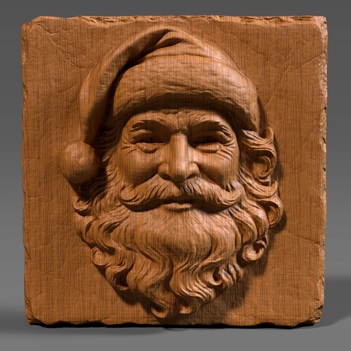 A detailed 3D bas-relief wood carving of Santa Claus’s joyful face on a rustic square wooden slab. The cheerful expression features classic details like a full curly beard, expressive eyes, and a Santa hat with a pom-pom that bends to the left. The texture of the wood grain enhances the traditional, handcrafted aesthetic, while the high-relief sculpting gives it depth and character. Ideal for Christmas-themed décor, laser engraving, CNC carving, or festive holiday crafts.