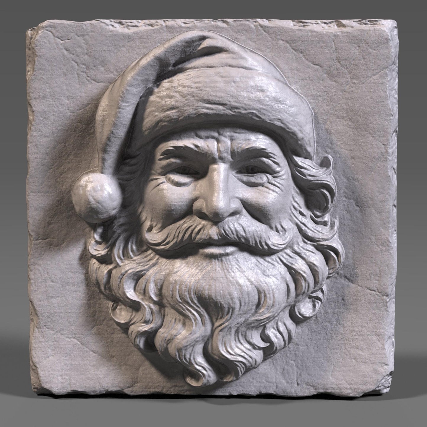 A detailed 3D bas-relief wood carving of Santa Claus’s joyful face on a rustic square wooden slab. The cheerful expression features classic details like a full curly beard, expressive eyes, and a Santa hat with a pom-pom that bends to the left. The texture of the wood grain enhances the traditional, handcrafted aesthetic, while the high-relief sculpting gives it depth and character. Ideal for Christmas-themed décor, laser engraving, CNC carving, or festive holiday crafts.