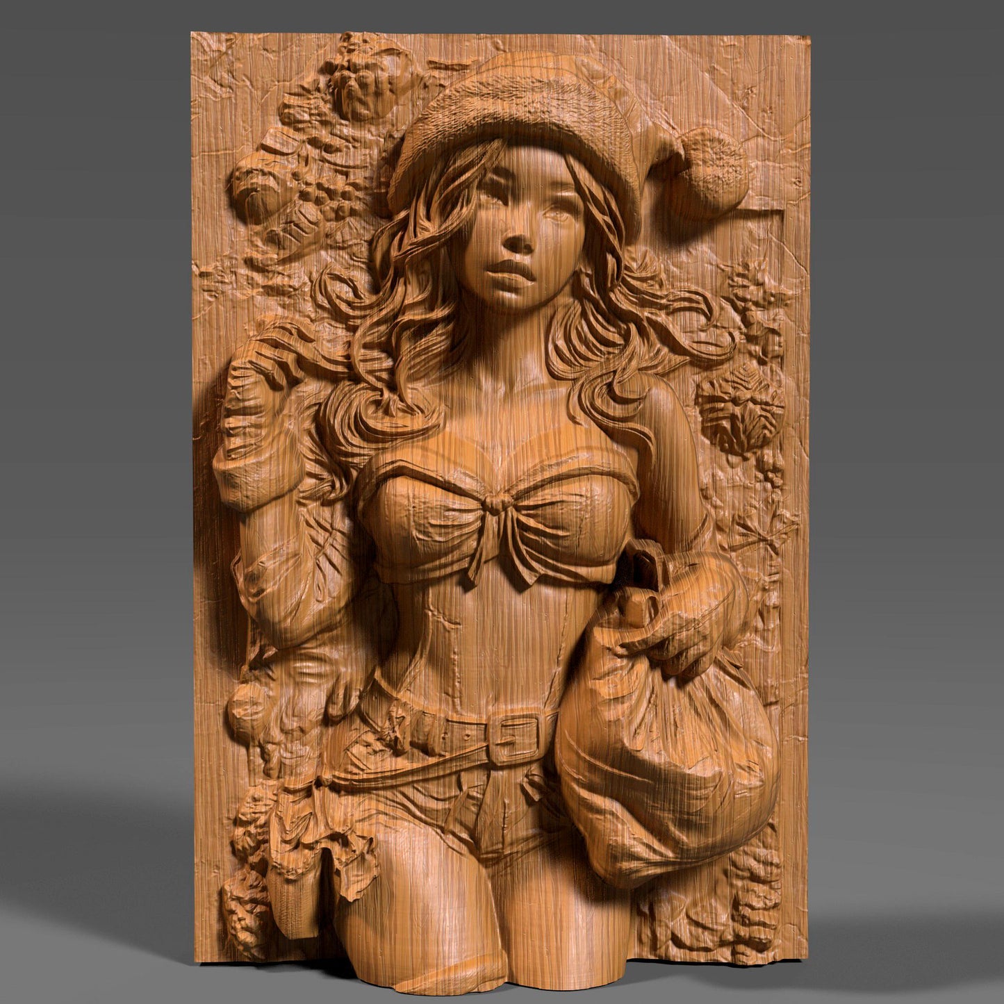 A highly detailed 3D bas relief carving of a sexy female Santa Claus in a classic pin-up pose, wearing a festive Santa hat and holding a gift sack. Her confident expression, flowing wavy hair, and stylized outfit are beautifully carved into a wooden panel, showcasing fine textures and curves. Perfect for CNC wood carving, laser engraving, or 3D printing, this holiday-themed artwork adds charm, warmth, and playful elegance to any Christmas or winter décor setting.