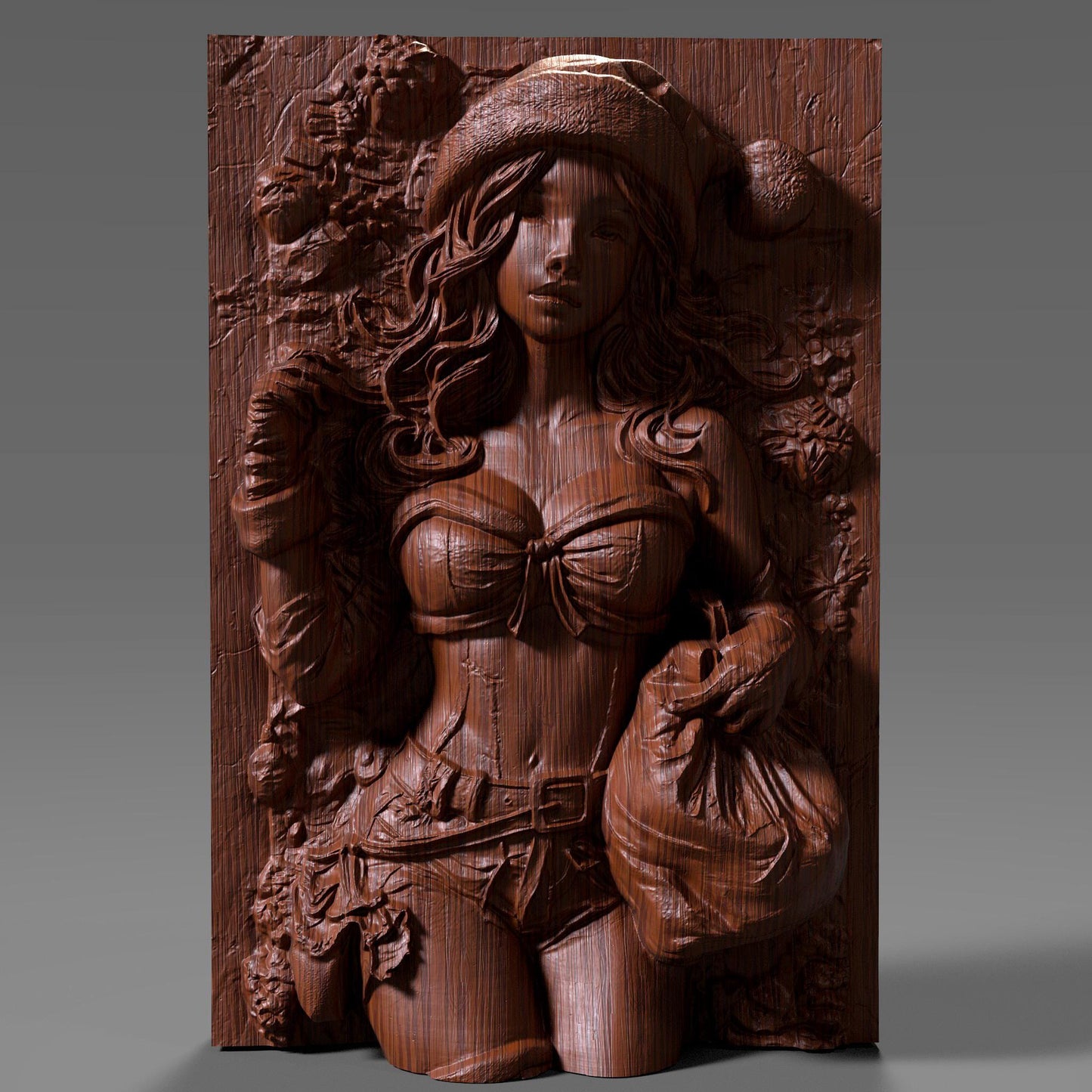 A highly detailed 3D bas relief carving of a sexy female Santa Claus in a classic pin-up pose, wearing a festive Santa hat and holding a gift sack. Her confident expression, flowing wavy hair, and stylized outfit are beautifully carved into a wooden panel, showcasing fine textures and curves. Perfect for CNC wood carving, laser engraving, or 3D printing, this holiday-themed artwork adds charm, warmth, and playful elegance to any Christmas or winter décor setting.