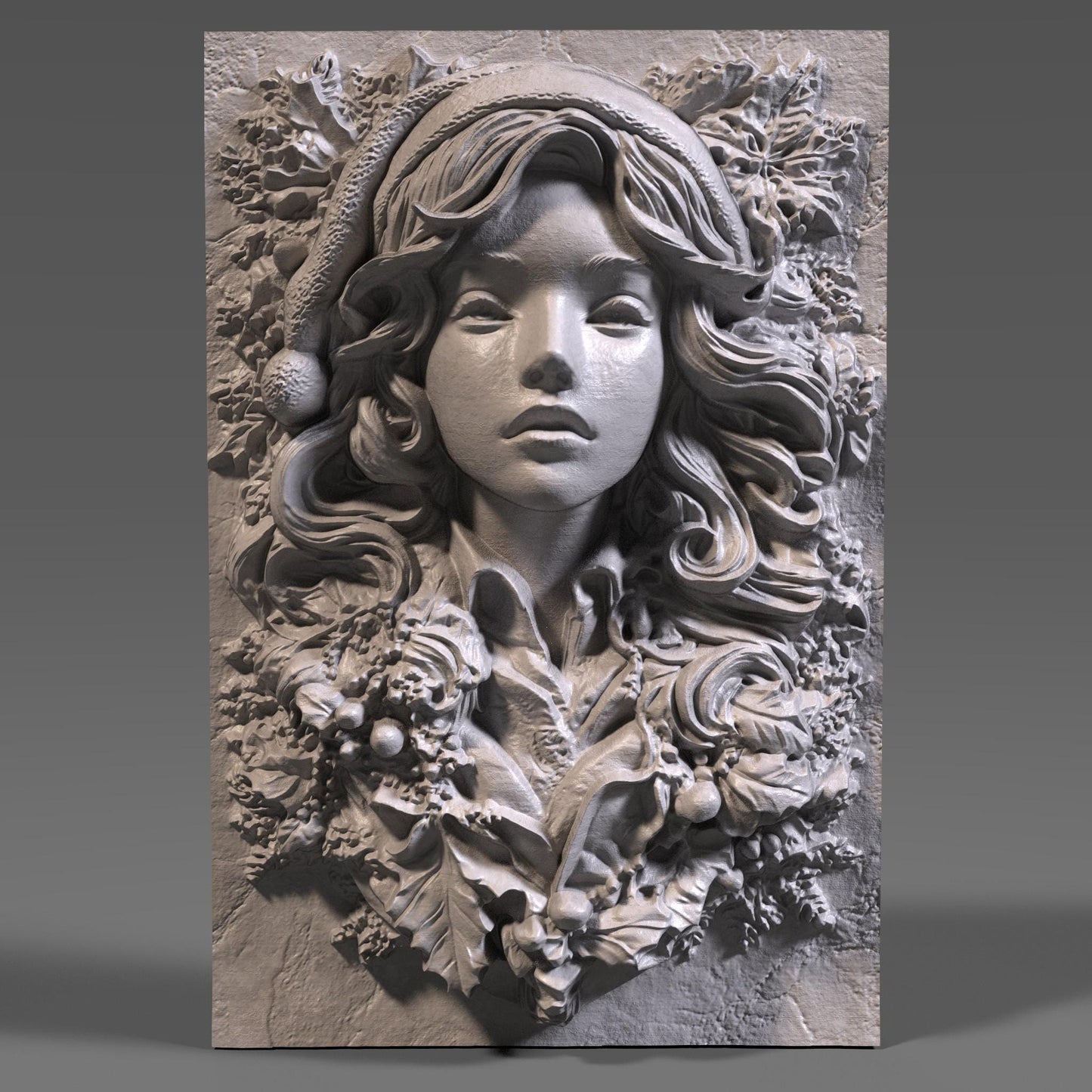 3D wood bas relief carving of a female Santa styled as a festive pin-up girl, with long flowing hair, a soft Santa hat, and elegant facial features. She is surrounded by detailed Christmas foliage including holly leaves, berries, and pinecones, all carved in high detail on a vertical wood slab. The design showcases deep engravings, soft curves, and festive cheer, making it ideal for CNC carving, Xtool laser engraving, 3D printing, or holiday wall decor with a bold, feminine twist.