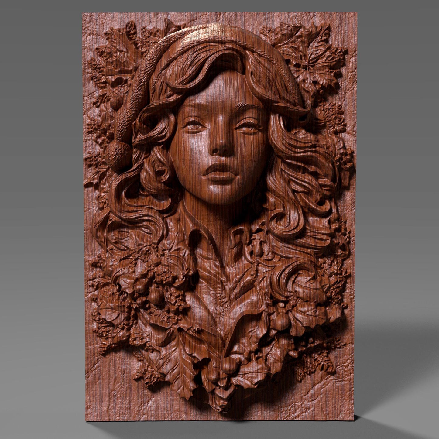 3D wood bas relief carving of a female Santa styled as a festive pin-up girl, with long flowing hair, a soft Santa hat, and elegant facial features. She is surrounded by detailed Christmas foliage including holly leaves, berries, and pinecones, all carved in high detail on a vertical wood slab. The design showcases deep engravings, soft curves, and festive cheer, making it ideal for CNC carving, Xtool laser engraving, 3D printing, or holiday wall decor with a bold, feminine twist.