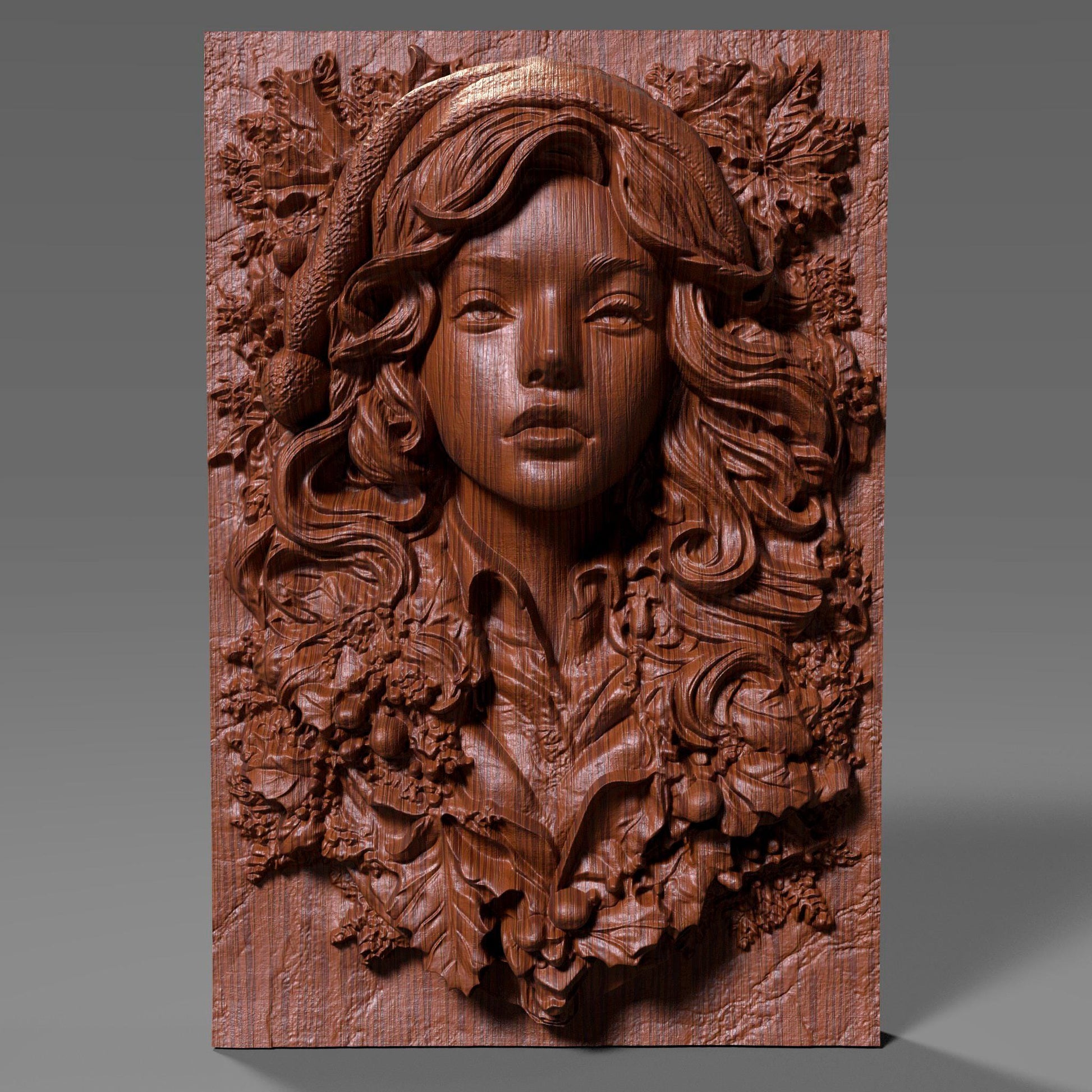 3D wood bas relief carving of a female Santa styled as a festive pin-up girl, with long flowing hair, a soft Santa hat, and elegant facial features. She is surrounded by detailed Christmas foliage including holly leaves, berries, and pinecones, all carved in high detail on a vertical wood slab. The design showcases deep engravings, soft curves, and festive cheer, making it ideal for CNC carving, Xtool laser engraving, 3D printing, or holiday wall decor with a bold, feminine twist.