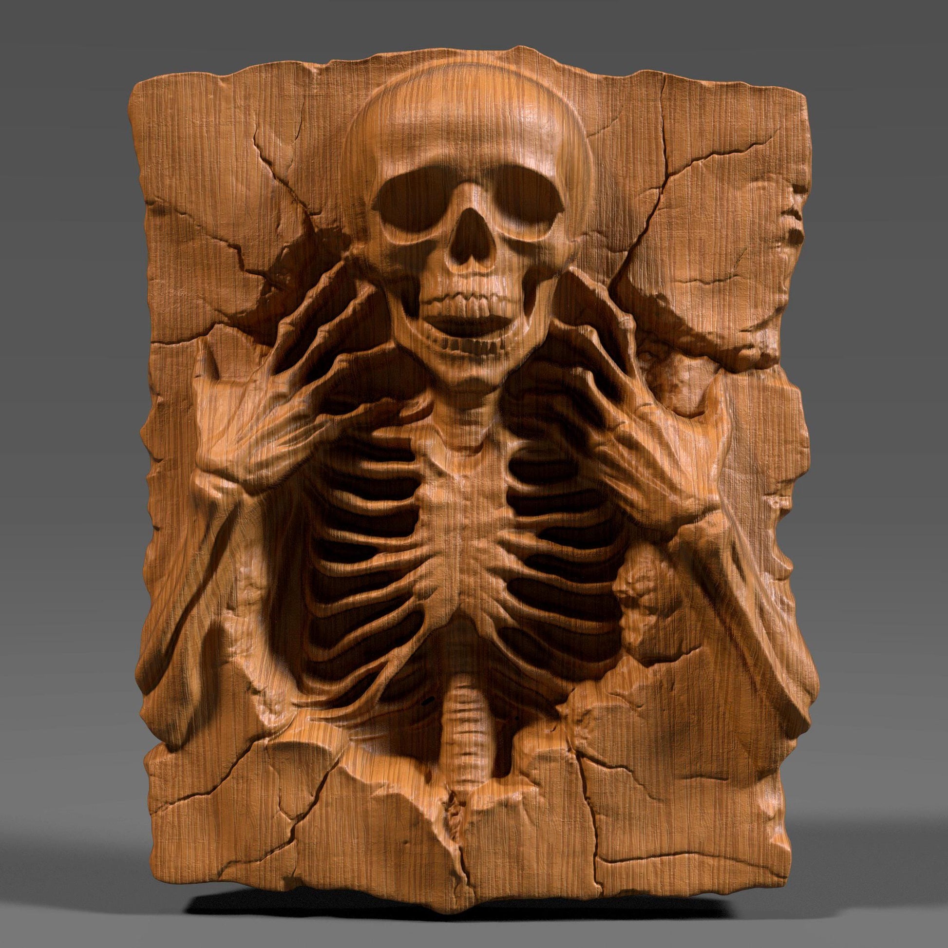 A realistic 3D bas relief of a creepy skeleton carved into a cracked wooden slab, with the skull facing forward and its bony fingers reaching toward its hollow eyes. The ribcage and spine are detailed with deep carvings, enhancing the dramatic lighting and shadows. The wood texture mimics aged and decaying surfaces, giving it an antique look. Ideal for Halloween or gothic-themed decor, CNC or laser carving, this artwork brings haunting depth and eerie charm to any wall.