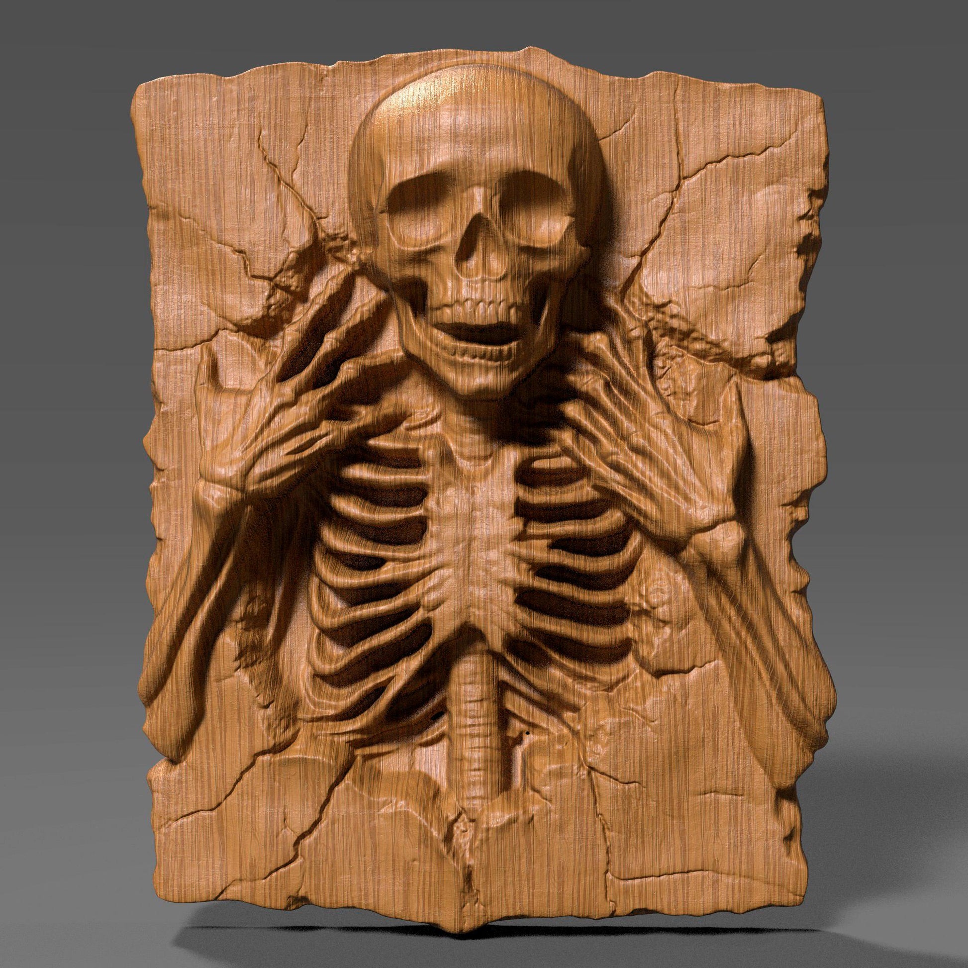 A realistic 3D bas relief of a creepy skeleton carved into a cracked wooden slab, with the skull facing forward and its bony fingers reaching toward its hollow eyes. The ribcage and spine are detailed with deep carvings, enhancing the dramatic lighting and shadows. The wood texture mimics aged and decaying surfaces, giving it an antique look. Ideal for Halloween or gothic-themed decor, CNC or laser carving, this artwork brings haunting depth and eerie charm to any wall.