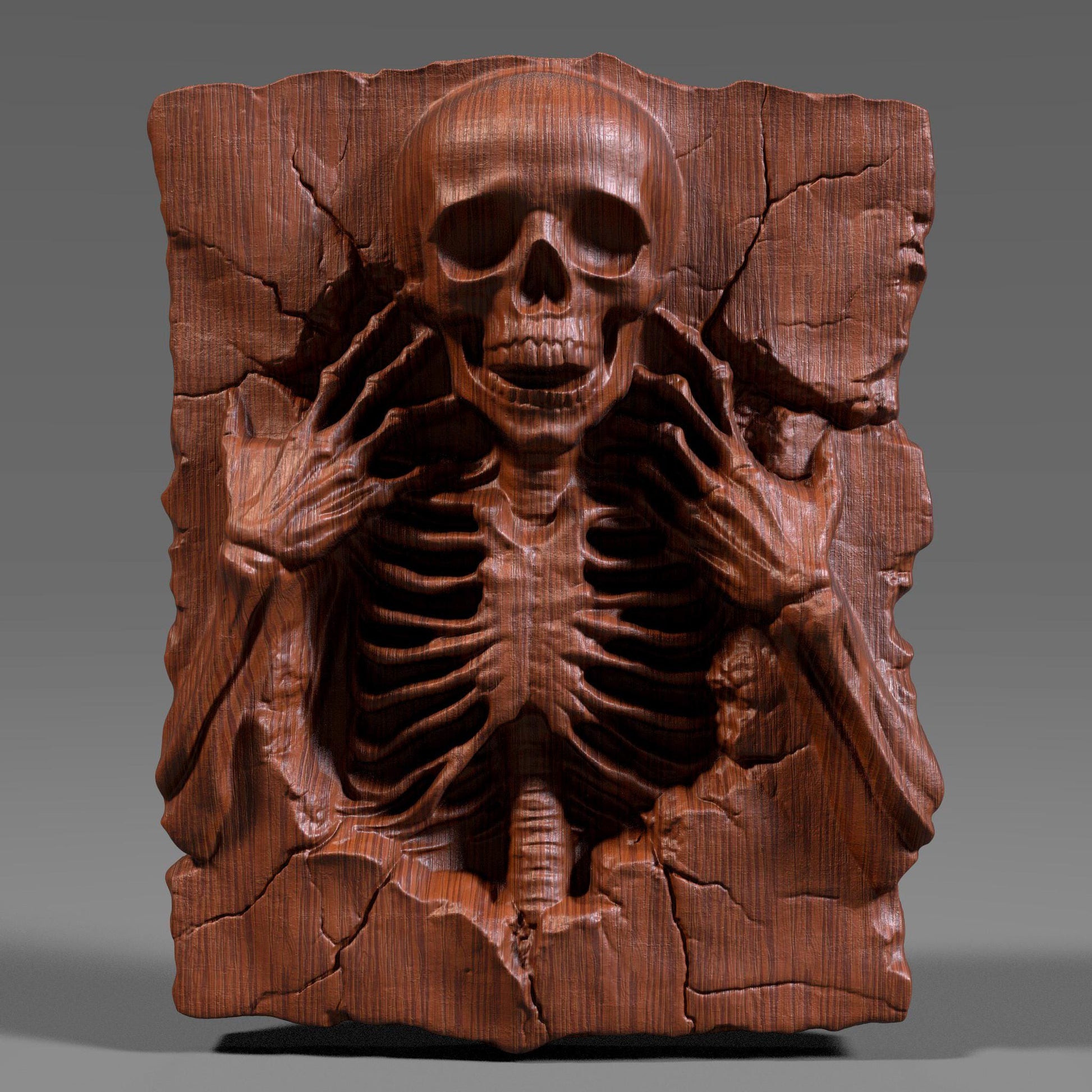 A realistic 3D bas relief of a creepy skeleton carved into a cracked wooden slab, with the skull facing forward and its bony fingers reaching toward its hollow eyes. The ribcage and spine are detailed with deep carvings, enhancing the dramatic lighting and shadows. The wood texture mimics aged and decaying surfaces, giving it an antique look. Ideal for Halloween or gothic-themed decor, CNC or laser carving, this artwork brings haunting depth and eerie charm to any wall.