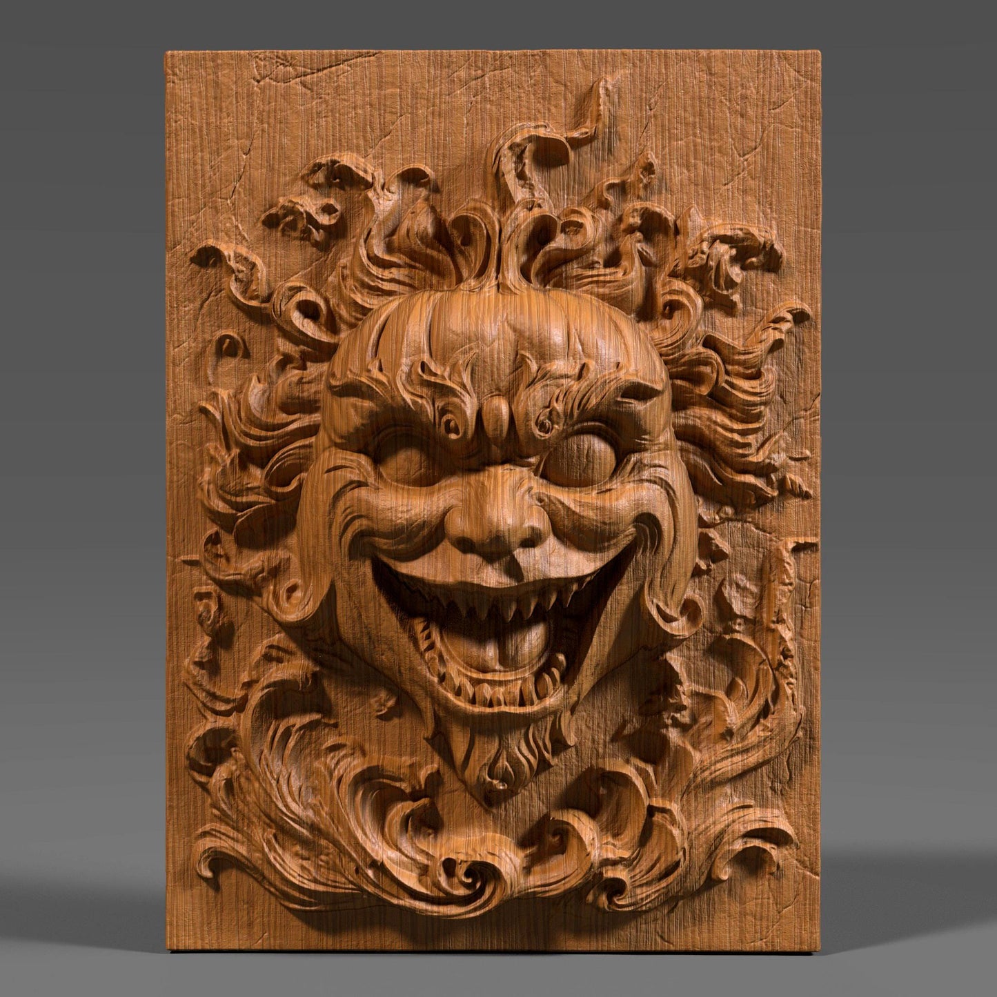 A terrifying 3D wood-carved bas relief of a creepy grinning face with flame-like hair and hollow eyes, evoking a demonic or haunted clown expression. The carving has a high level of detail, with deep grooves and a cracked background that enhances the eerie atmosphere. This scary Halloween-themed wall art is ideal for CNC carving, laser engraving, or 3D printing. Perfect for horror lovers and Halloween enthusiasts decorating haunted spaces with spooky, gothic aesthetics.