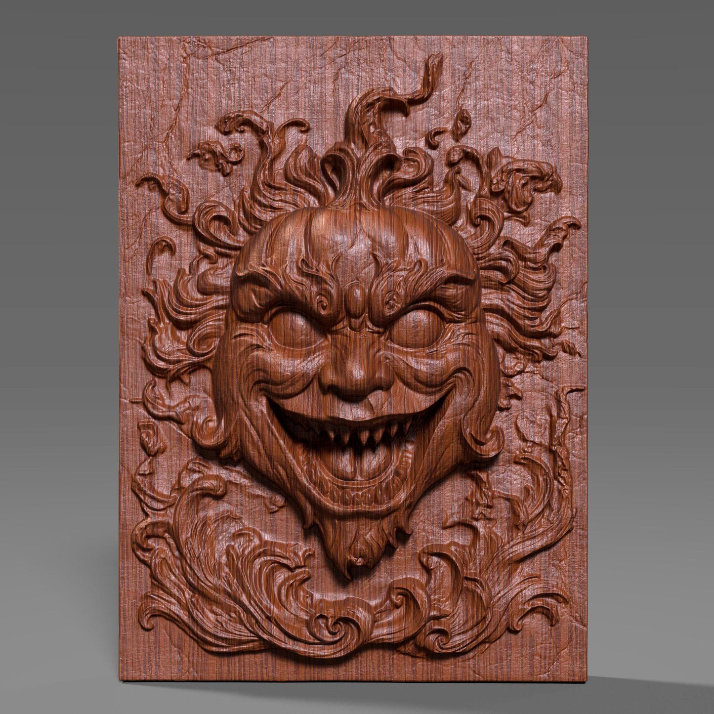 A terrifying 3D wood-carved bas relief of a creepy grinning face with flame-like hair and hollow eyes, evoking a demonic or haunted clown expression. The carving has a high level of detail, with deep grooves and a cracked background that enhances the eerie atmosphere. This scary Halloween-themed wall art is ideal for CNC carving, laser engraving, or 3D printing. Perfect for horror lovers and Halloween enthusiasts decorating haunted spaces with spooky, gothic aesthetics.