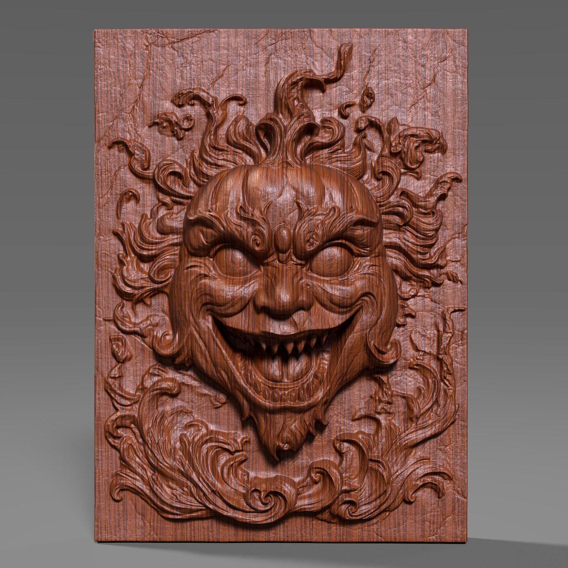A terrifying 3D wood-carved bas relief of a creepy grinning face with flame-like hair and hollow eyes, evoking a demonic or haunted clown expression. The carving has a high level of detail, with deep grooves and a cracked background that enhances the eerie atmosphere. This scary Halloween-themed wall art is ideal for CNC carving, laser engraving, or 3D printing. Perfect for horror lovers and Halloween enthusiasts decorating haunted spaces with spooky, gothic aesthetics.