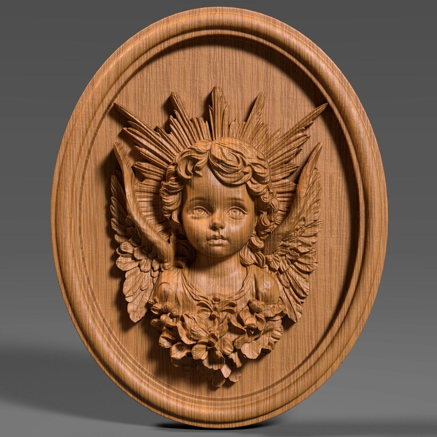 3D wood bas-relief sculpture of a baby angel (cherub) with delicate facial features, intricately carved feathered wings, and a radiant sunburst halo behind the head. The figure is surrounded by floral elements near the base and enclosed in a finely sculpted oval wooden frame. The grain of the wood is visible throughout, adding texture and authenticity. Perfect for CNC carving, laser engraving, and decorative religious wall art, rendered in two wood tones for display versatility.