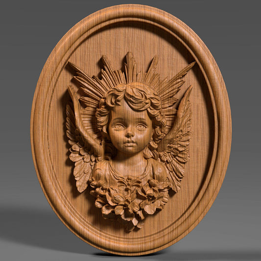 3D wood bas-relief sculpture of a baby angel (cherub) with delicate facial features, intricately carved feathered wings, and a radiant sunburst halo behind the head. The figure is surrounded by floral elements near the base and enclosed in a finely sculpted oval wooden frame. The grain of the wood is visible throughout, adding texture and authenticity. Perfect for CNC carving, laser engraving, and decorative religious wall art, rendered in two wood tones for display versatility.