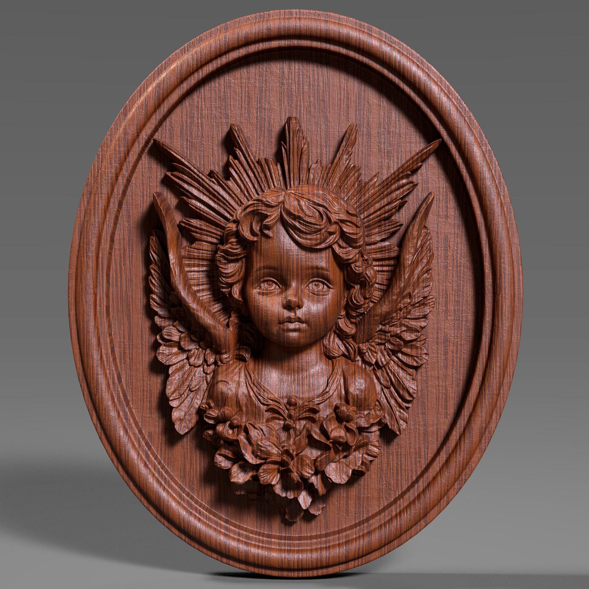 3D wood bas-relief sculpture of a baby angel (cherub) with delicate facial features, intricately carved feathered wings, and a radiant sunburst halo behind the head. The figure is surrounded by floral elements near the base and enclosed in a finely sculpted oval wooden frame. The grain of the wood is visible throughout, adding texture and authenticity. Perfect for CNC carving, laser engraving, and decorative religious wall art, rendered in two wood tones for display versatility.