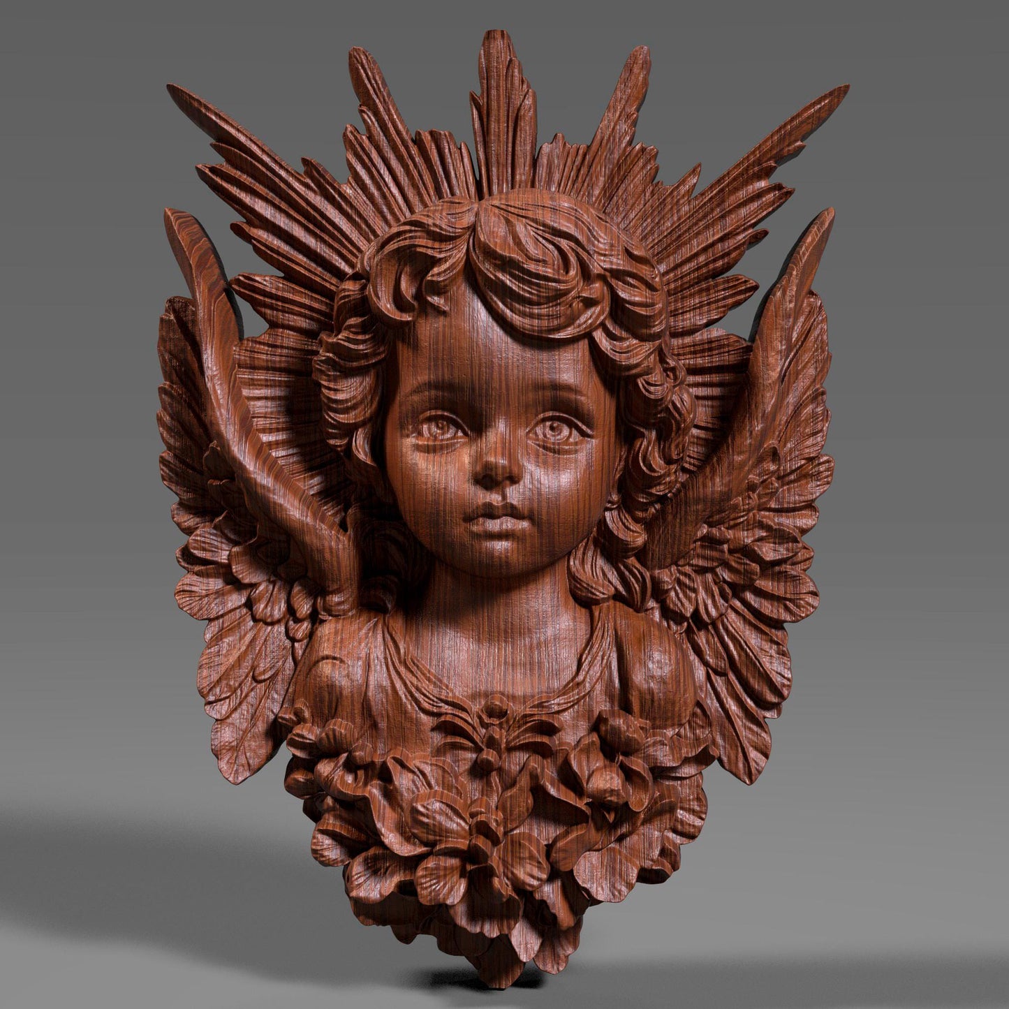 This is a high-detail 3D wooden bas-relief sculpture of a cherub angel bust without a frame, designed for wall art. The angel has a serene childlike face, intricately curled hair, and beautifully detailed wings extending from the sides. A radiant sunburst halo fans out from behind the head, with carved floral elements at the base of the bust. The carving is showcased in both light and dark wood tones, ideal for CNC, laser engraving, or decorative interior panels.
