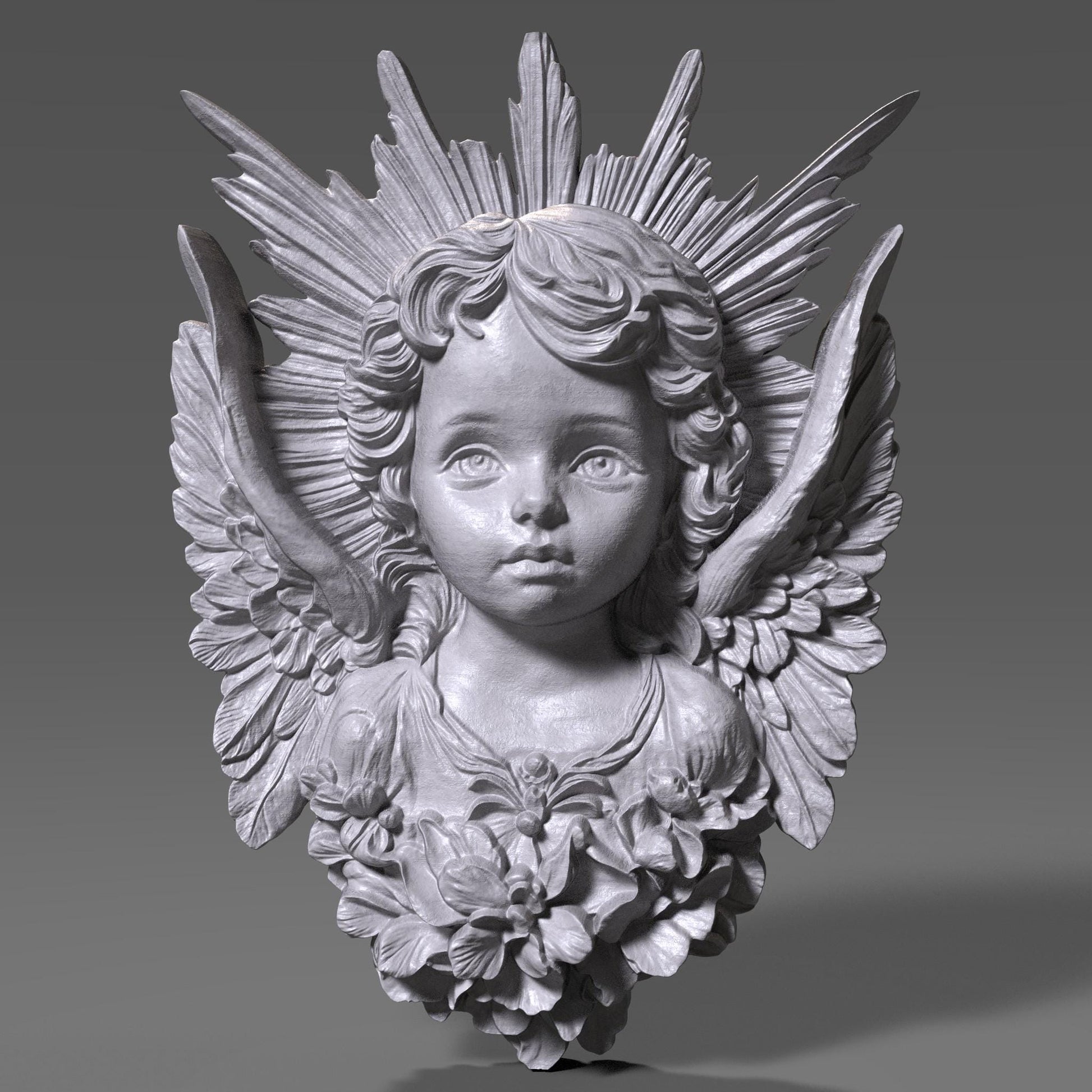 This is a high-detail 3D wooden bas-relief sculpture of a cherub angel bust without a frame, designed for wall art. The angel has a serene childlike face, intricately curled hair, and beautifully detailed wings extending from the sides. A radiant sunburst halo fans out from behind the head, with carved floral elements at the base of the bust. The carving is showcased in both light and dark wood tones, ideal for CNC, laser engraving, or decorative interior panels.