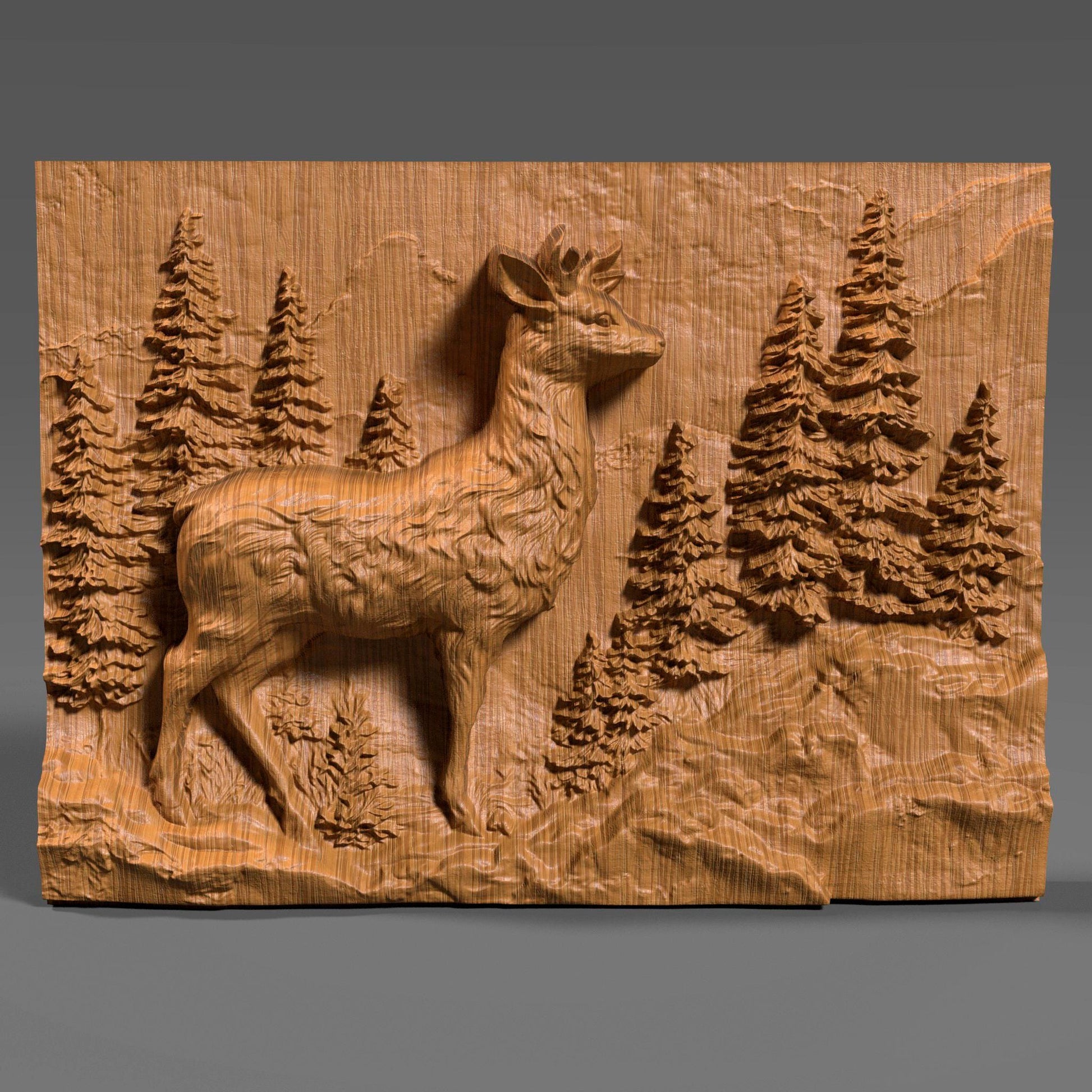 3D wood carving of a majestic deer standing proudly in a dense pine forest, deeply sculpted on a rectangular wooden panel. The design captures fine fur texture on the deer and intricate needle-like foliage on the trees, creating a lifelike wilderness scene. Ideal for rustic wall art, cabin decor, or CNC wood carving enthusiasts seeking nature-inspired wildlife relief artwork.