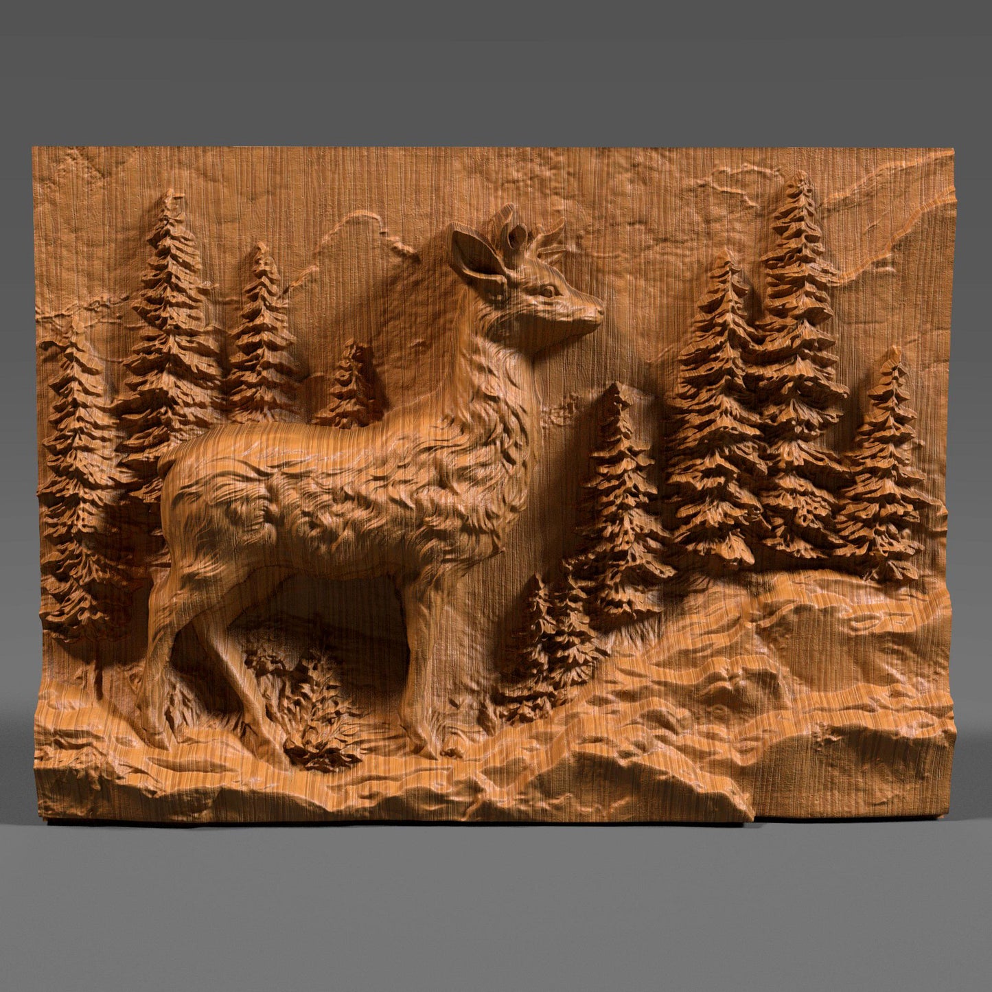 3D wood carving of a majestic deer standing proudly in a dense pine forest, deeply sculpted on a rectangular wooden panel. The design captures fine fur texture on the deer and intricate needle-like foliage on the trees, creating a lifelike wilderness scene. Ideal for rustic wall art, cabin decor, or CNC wood carving enthusiasts seeking nature-inspired wildlife relief artwork.