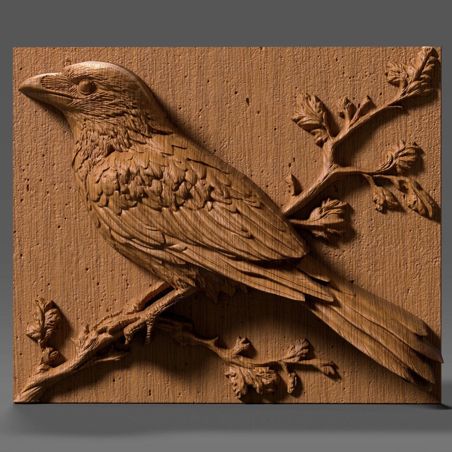 A 3D bas relief wood carving depicting a crow or raven perched elegantly on a branch, rendered in a natural, gothic rustic style. The bird features meticulously carved feathers, a strong beak, and intelligent eyes, complemented by delicate budding branches. This detailed panel is perfect for CNC wood carving, laser engraving, or gothic woodland-themed wall art, evoking mystery, nature, and timeless craftsmanship in a single piece. Ideal for cabins, lodges, or spiritual décor.