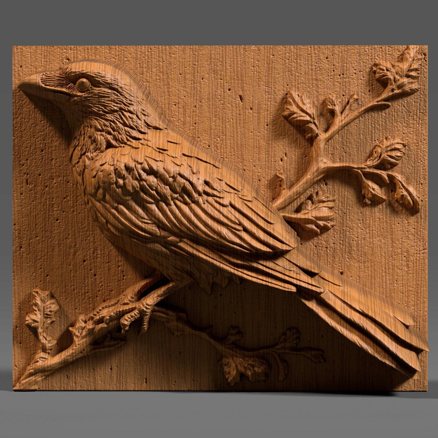 A 3D bas relief wood carving depicting a crow or raven perched elegantly on a branch, rendered in a natural, gothic rustic style. The bird features meticulously carved feathers, a strong beak, and intelligent eyes, complemented by delicate budding branches. This detailed panel is perfect for CNC wood carving, laser engraving, or gothic woodland-themed wall art, evoking mystery, nature, and timeless craftsmanship in a single piece. Ideal for cabins, lodges, or spiritual décor.