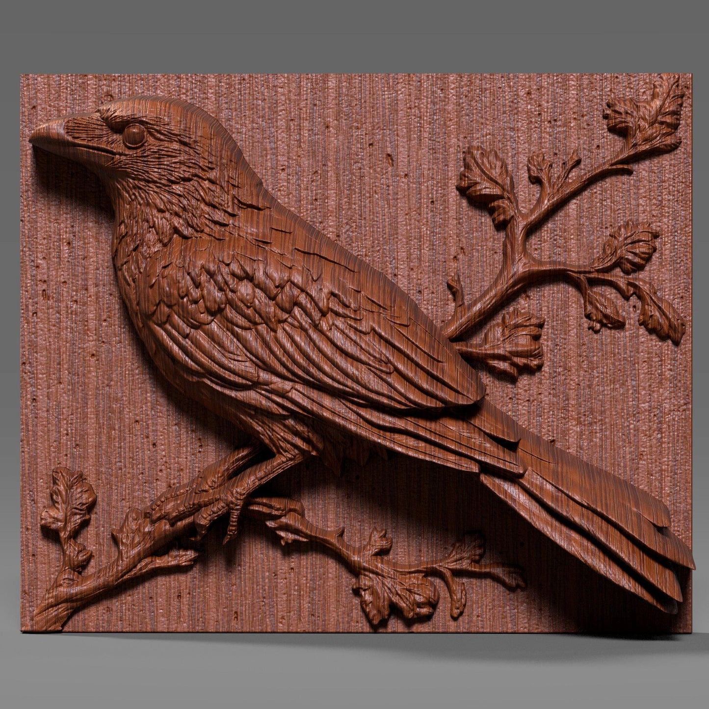 A 3D bas relief wood carving depicting a crow or raven perched elegantly on a branch, rendered in a natural, gothic rustic style. The bird features meticulously carved feathers, a strong beak, and intelligent eyes, complemented by delicate budding branches. This detailed panel is perfect for CNC wood carving, laser engraving, or gothic woodland-themed wall art, evoking mystery, nature, and timeless craftsmanship in a single piece. Ideal for cabins, lodges, or spiritual décor.