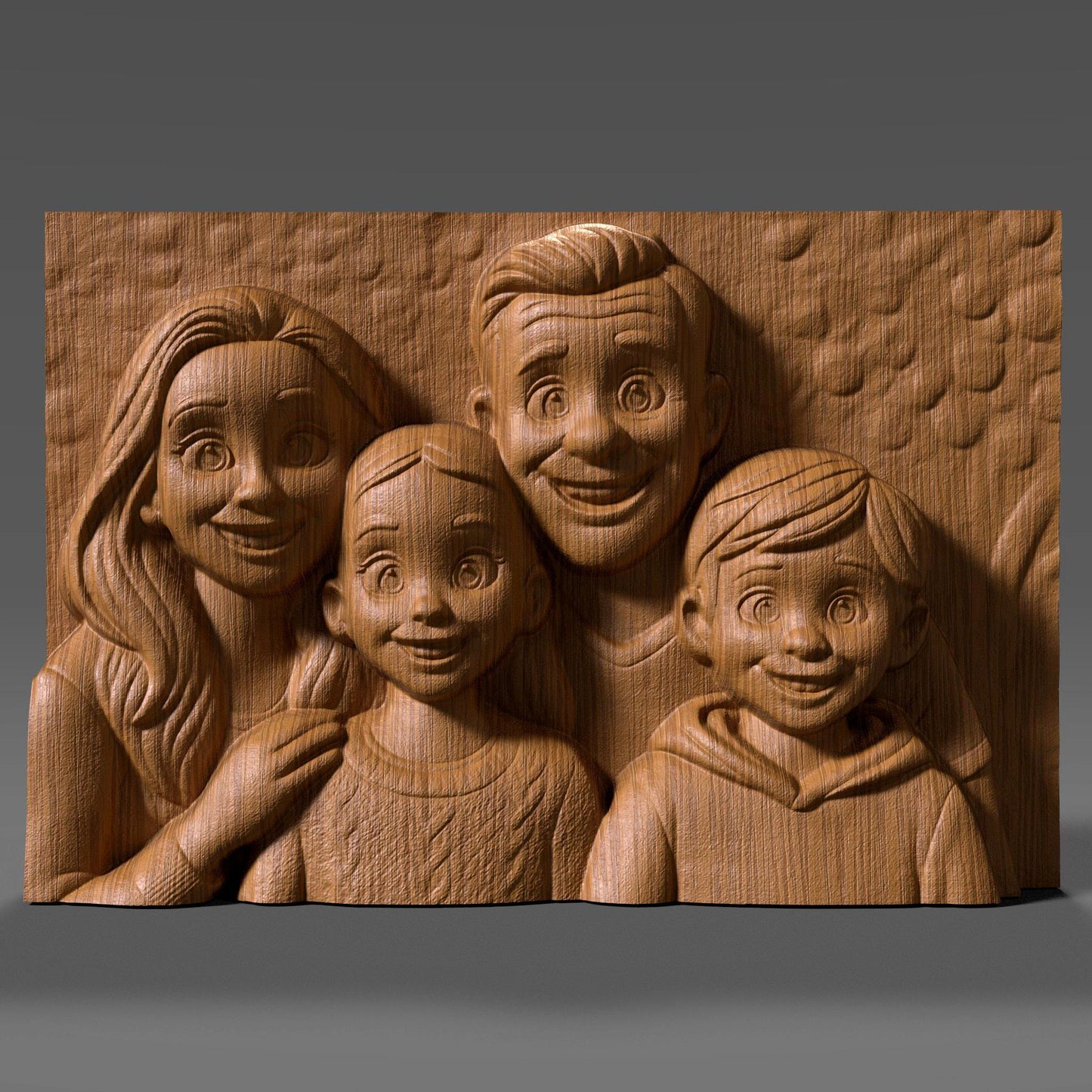 Custom 3D portrait and bas relief model made from a family photo. Personalized digital 3D design converted from photo into a unique bas relief sculpture for CNC carving, 3D printing, or laser engraving. Perfect for wedding gifts, memorial art, family keepsakes, and home décor. The example shows a family photo transformed into a stylized 3D portrait and then into a wooden and stone bas relief carving model with detailed textures and strong depth.