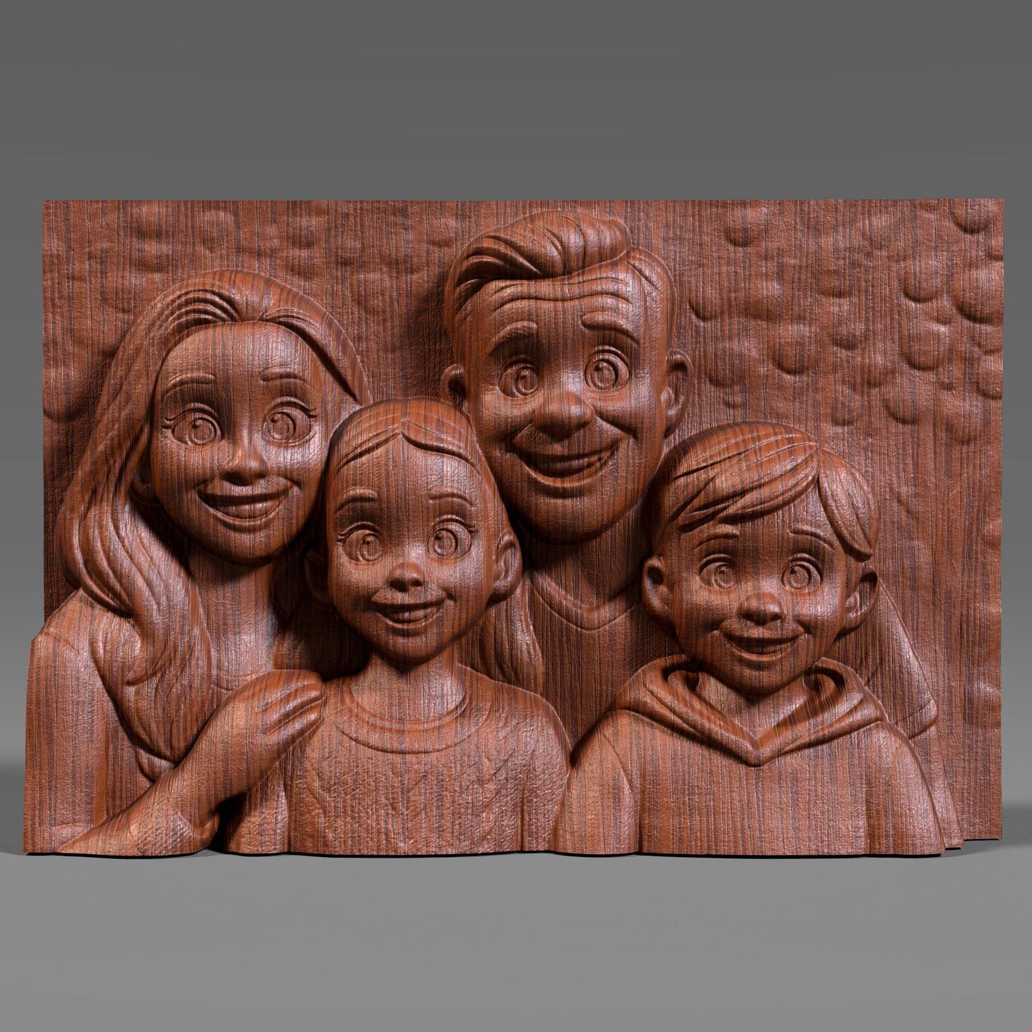 Custom 3D portrait and bas relief model made from a family photo. Personalized digital 3D design converted from photo into a unique bas relief sculpture for CNC carving, 3D printing, or laser engraving. Perfect for wedding gifts, memorial art, family keepsakes, and home décor. The example shows a family photo transformed into a stylized 3D portrait and then into a wooden and stone bas relief carving model with detailed textures and strong depth.