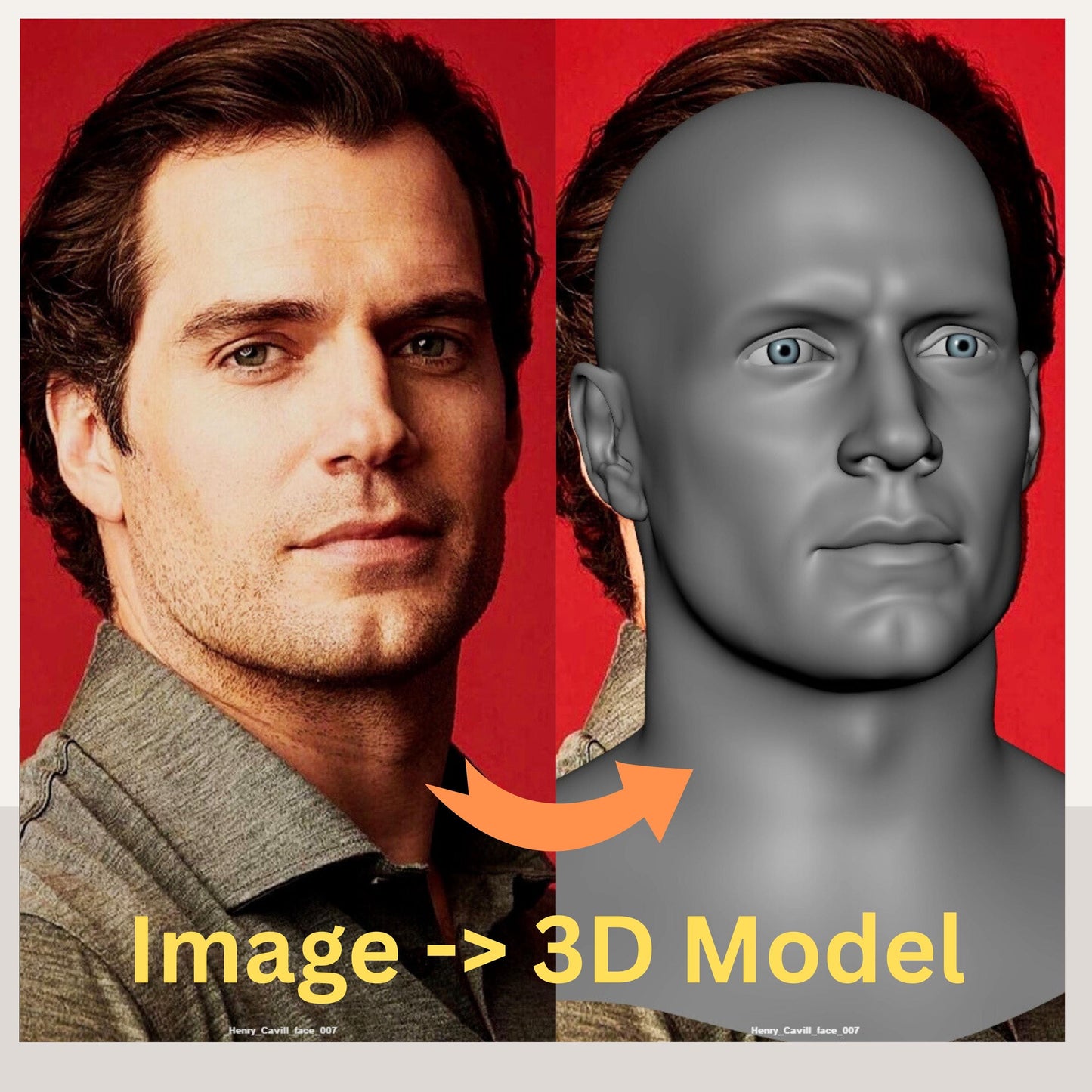 Custom 3D head model created by a Senior Character and Creature Artist with 17+ years in VFX films and games. Based on customer-provided photos, the model features professional clean topology, ready for animation, rigging, 3D printing, and cosplay helmet fitting. Example shows a realistic male head converted into a shaded and wireframe 3D model. Perfect for cosplayers, animators, 3D printing enthusiasts, and digital creators seeking production-quality 3D assets.