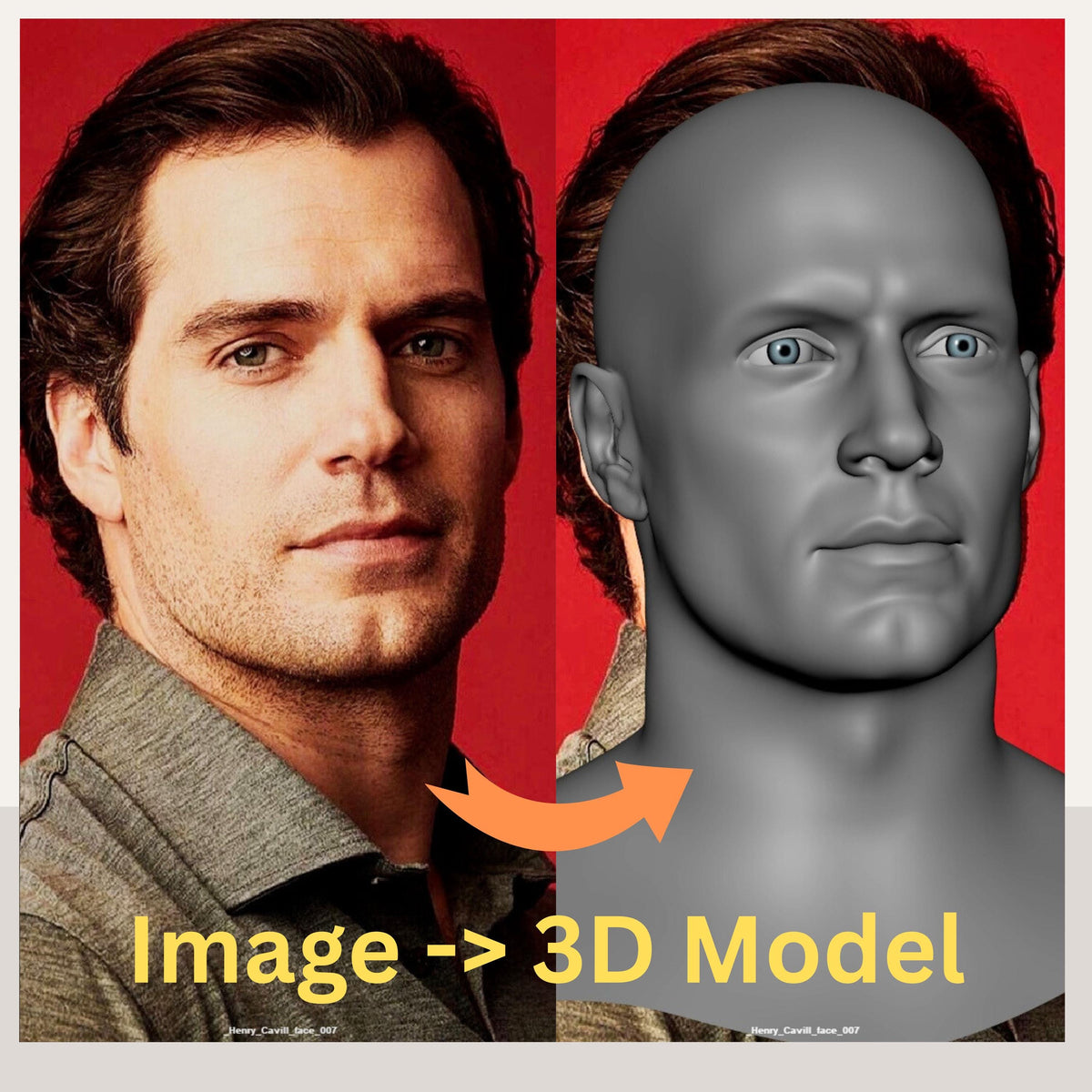 Custom 3D head model created by a Senior Character and Creature Artist with 17+ years in VFX films and games. Based on customer-provided photos, the model features professional clean topology, ready for animation, rigging, 3D printing, and cosplay helmet fitting. Example shows a realistic male head converted into a shaded and wireframe 3D model. Perfect for cosplayers, animators, 3D printing enthusiasts, and digital creators seeking production-quality 3D assets.