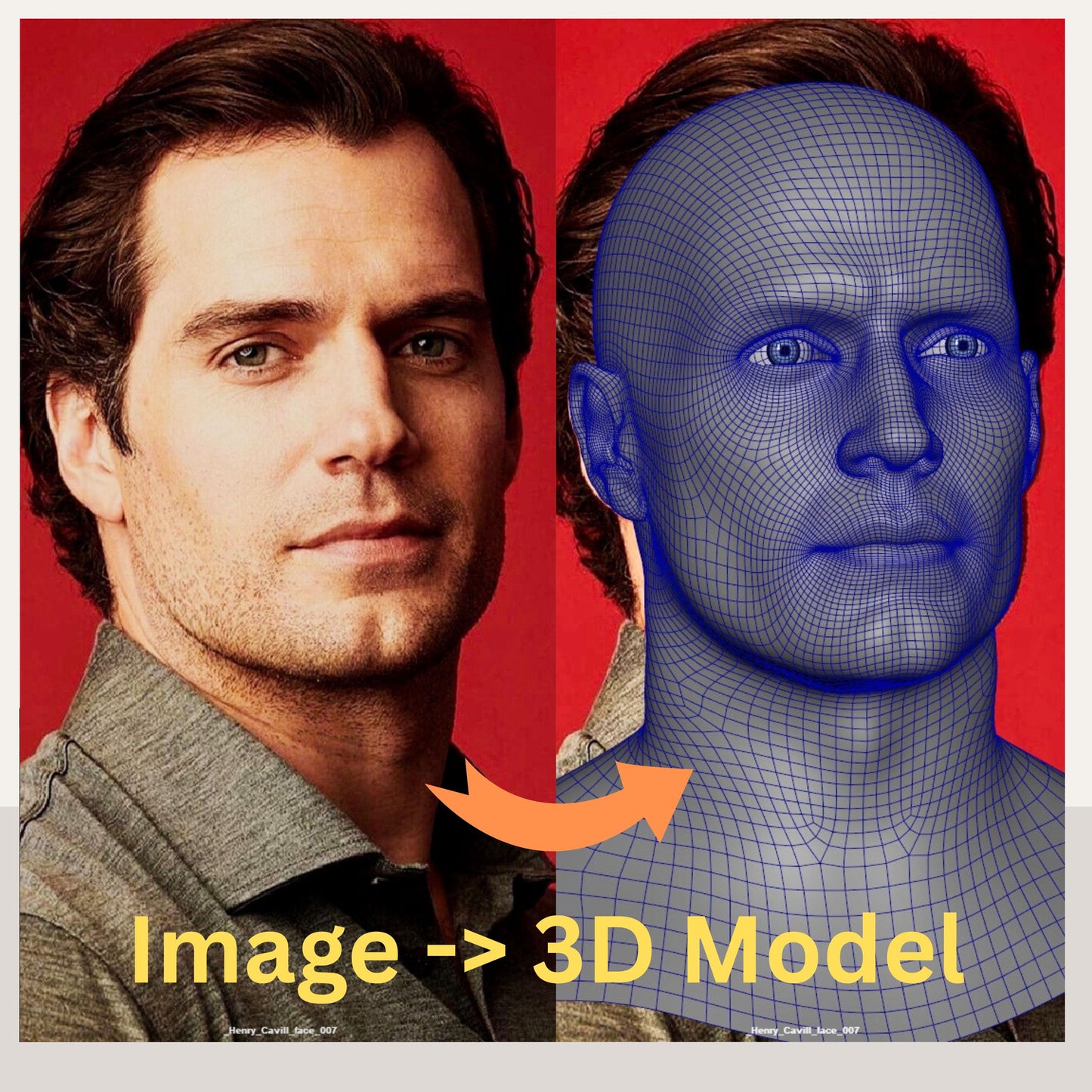Custom 3D head model created by a Senior Character and Creature Artist with 17+ years in VFX films and games. Based on customer-provided photos, the model features professional clean topology, ready for animation, rigging, 3D printing, and cosplay helmet fitting. Example shows a realistic male head converted into a shaded and wireframe 3D model. Perfect for cosplayers, animators, 3D printing enthusiasts, and digital creators seeking production-quality 3D assets.