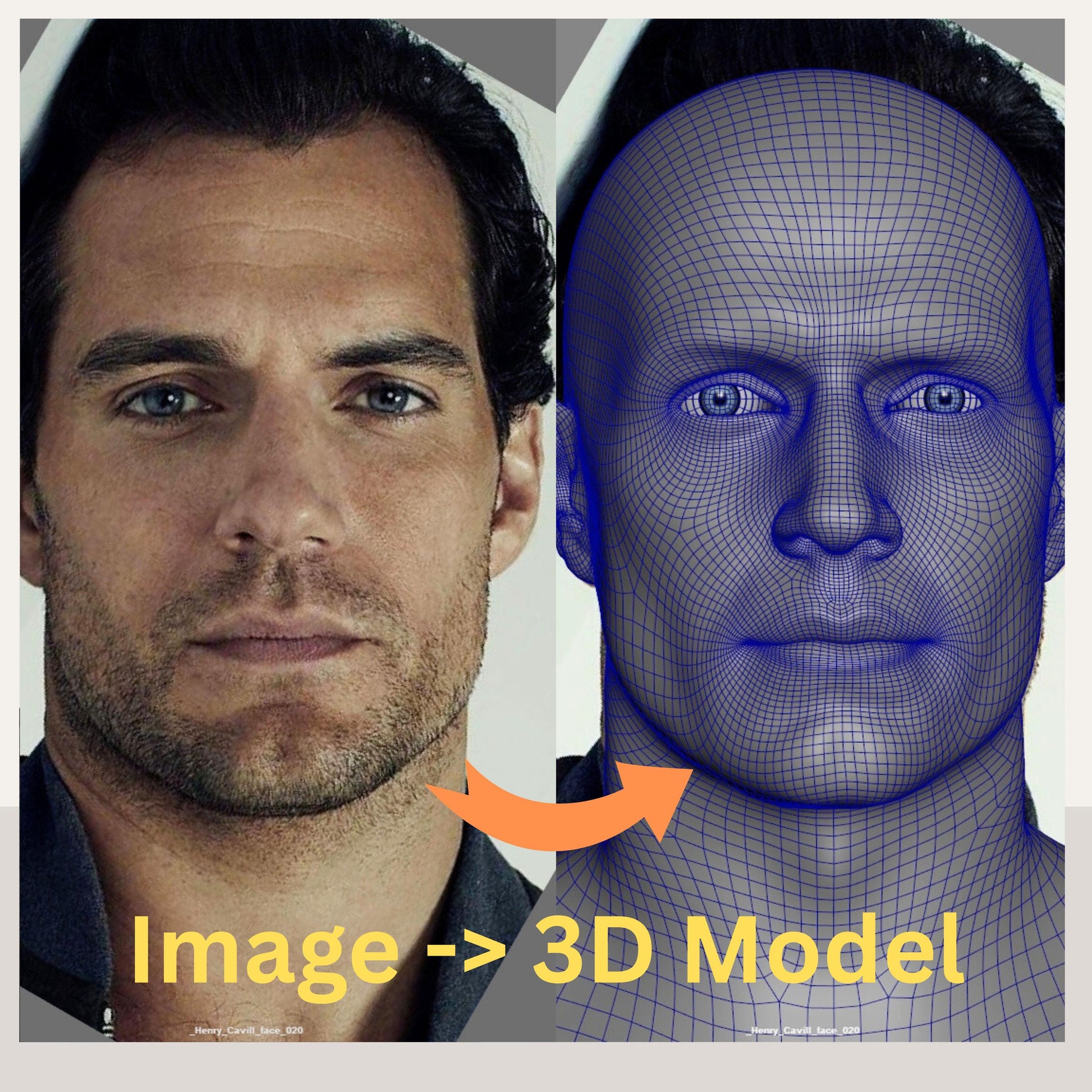 Custom 3D head model created by a Senior Character and Creature Artist with 17+ years in VFX films and games. Based on customer-provided photos, the model features professional clean topology, ready for animation, rigging, 3D printing, and cosplay helmet fitting. Example shows a realistic male head converted into a shaded and wireframe 3D model. Perfect for cosplayers, animators, 3D printing enthusiasts, and digital creators seeking production-quality 3D assets.