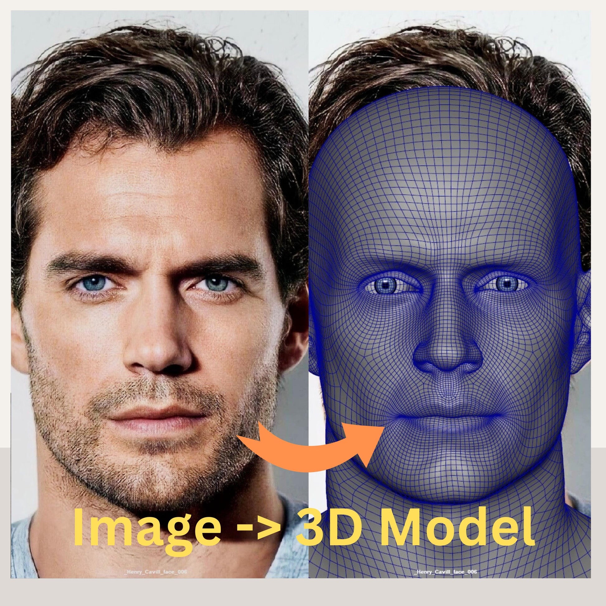 Custom 3D head model created by a Senior Character and Creature Artist with 17+ years in VFX films and games. Based on customer-provided photos, the model features professional clean topology, ready for animation, rigging, 3D printing, and cosplay helmet fitting. Example shows a realistic male head converted into a shaded and wireframe 3D model. Perfect for cosplayers, animators, 3D printing enthusiasts, and digital creators seeking production-quality 3D assets.