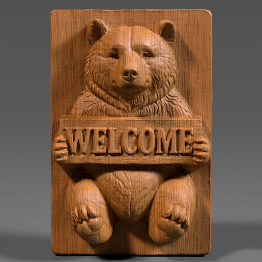 3D realistic bas-relief of a friendly bear holding a wooden plank engraved with the word “WELCOME,” intricately carved in ivory marble style with deep sculptural depth, ideal for CNC carving, laser engraving, or wall art. The bear has expressive eyes, thick fur texture, and rounded paws, designed to suit rustic cabin decor, woodland-themed interiors, and cozy entryways. Perfect for welcoming guests with charm and natural warmth.