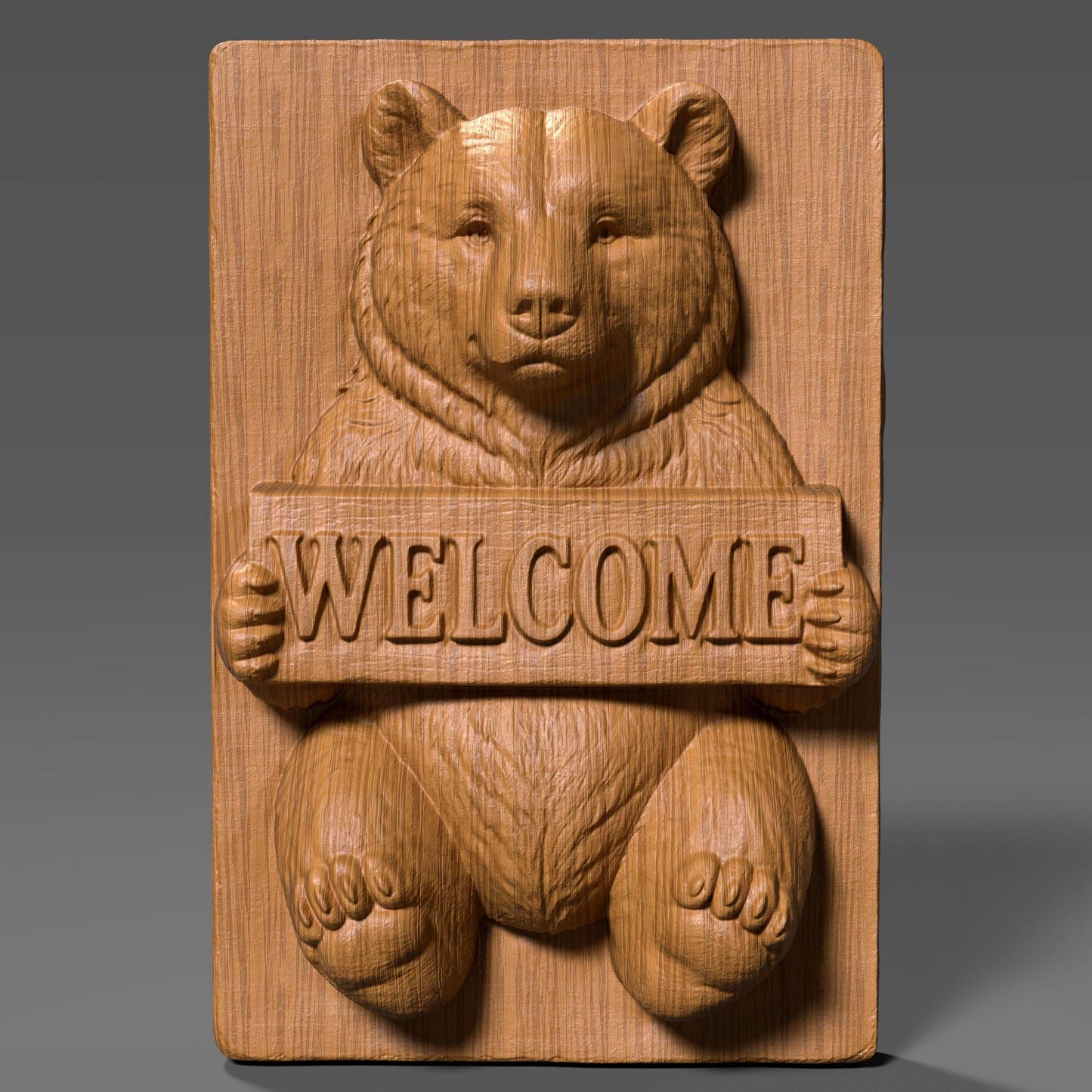 3D realistic bas-relief of a friendly bear holding a wooden plank engraved with the word “WELCOME,” intricately carved in ivory marble style with deep sculptural depth, ideal for CNC carving, laser engraving, or wall art. The bear has expressive eyes, thick fur texture, and rounded paws, designed to suit rustic cabin decor, woodland-themed interiors, and cozy entryways. Perfect for welcoming guests with charm and natural warmth.