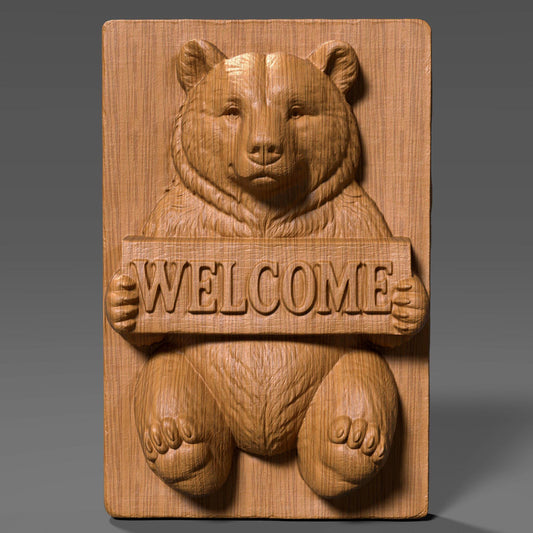 3D realistic bas-relief of a friendly bear holding a wooden plank engraved with the word “WELCOME,” intricately carved in ivory marble style with deep sculptural depth, ideal for CNC carving, laser engraving, or wall art. The bear has expressive eyes, thick fur texture, and rounded paws, designed to suit rustic cabin decor, woodland-themed interiors, and cozy entryways. Perfect for welcoming guests with charm and natural warmth.