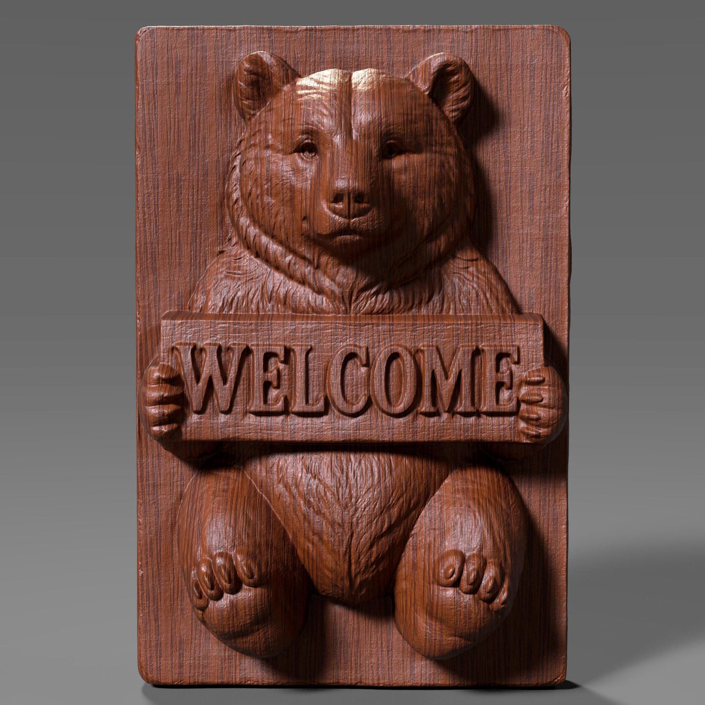 3D realistic bas-relief of a friendly bear holding a wooden plank engraved with the word “WELCOME,” intricately carved in ivory marble style with deep sculptural depth, ideal for CNC carving, laser engraving, or wall art. The bear has expressive eyes, thick fur texture, and rounded paws, designed to suit rustic cabin decor, woodland-themed interiors, and cozy entryways. Perfect for welcoming guests with charm and natural warmth.