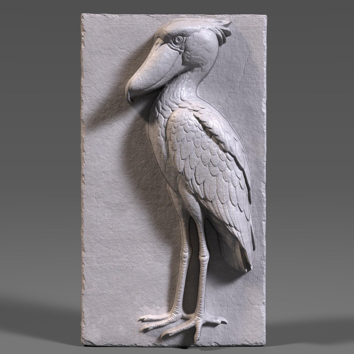 3D bas-relief carving of a majestic shoebill stork etched into a vertical wood panel, showcasing intricate feather details and a proud pose with its oversized beak and long legs. The digital sculpture highlights natural wood grain with depth and realism, suitable for CNC routing or laser engraving. Ideal for wildlife wall art, nature decor, or ornamental wood panels, this design captures the exotic elegance of the shoebill bird in a timeless, carved wooden form.