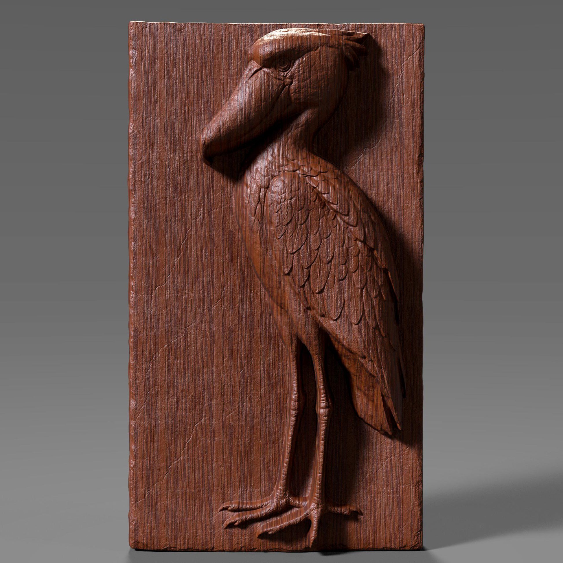 3D bas-relief carving of a majestic shoebill stork etched into a vertical wood panel, showcasing intricate feather details and a proud pose with its oversized beak and long legs. The digital sculpture highlights natural wood grain with depth and realism, suitable for CNC routing or laser engraving. Ideal for wildlife wall art, nature decor, or ornamental wood panels, this design captures the exotic elegance of the shoebill bird in a timeless, carved wooden form.