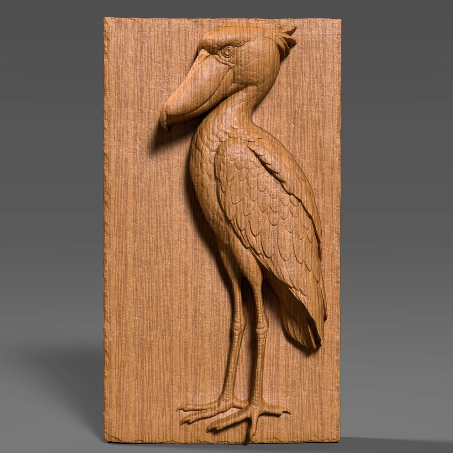 3D bas-relief carving of a majestic shoebill stork etched into a vertical wood panel, showcasing intricate feather details and a proud pose with its oversized beak and long legs. The digital sculpture highlights natural wood grain with depth and realism, suitable for CNC routing or laser engraving. Ideal for wildlife wall art, nature decor, or ornamental wood panels, this design captures the exotic elegance of the shoebill bird in a timeless, carved wooden form.