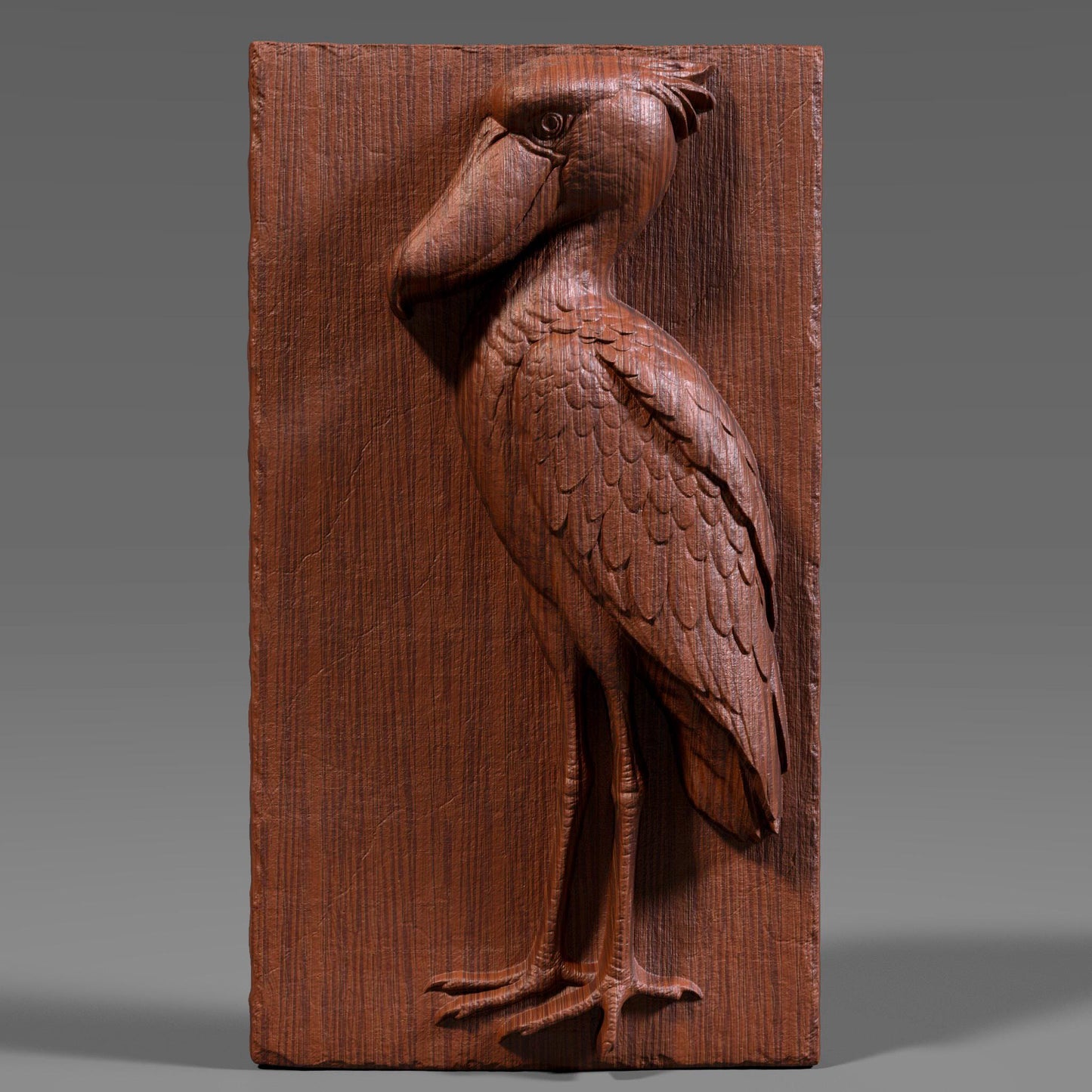 3D bas-relief carving of a majestic shoebill stork etched into a vertical wood panel, showcasing intricate feather details and a proud pose with its oversized beak and long legs. The digital sculpture highlights natural wood grain with depth and realism, suitable for CNC routing or laser engraving. Ideal for wildlife wall art, nature decor, or ornamental wood panels, this design captures the exotic elegance of the shoebill bird in a timeless, carved wooden form.
