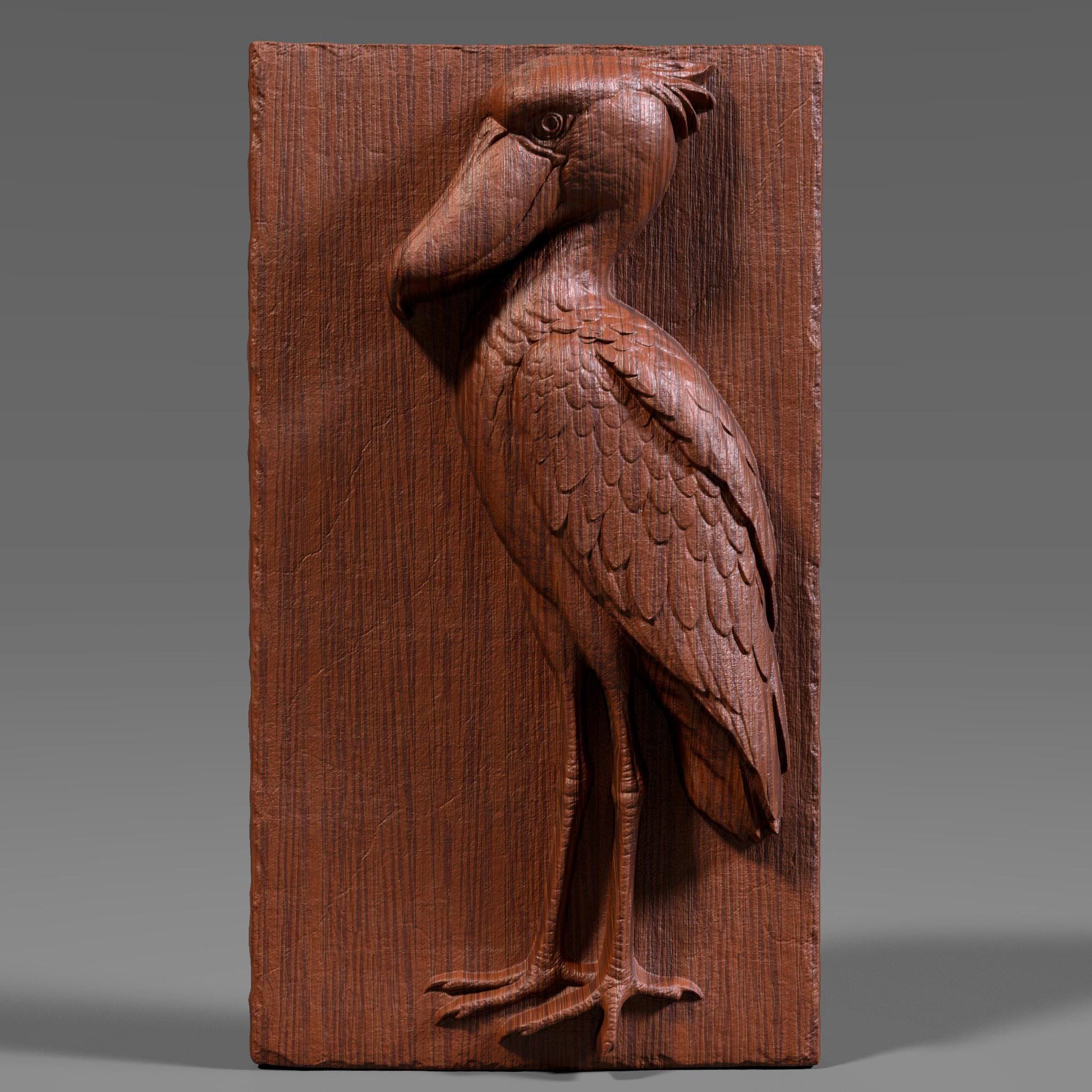 3D bas-relief carving of a majestic shoebill stork etched into a vertical wood panel, showcasing intricate feather details and a proud pose with its oversized beak and long legs. The digital sculpture highlights natural wood grain with depth and realism, suitable for CNC routing or laser engraving. Ideal for wildlife wall art, nature decor, or ornamental wood panels, this design captures the exotic elegance of the shoebill bird in a timeless, carved wooden form.