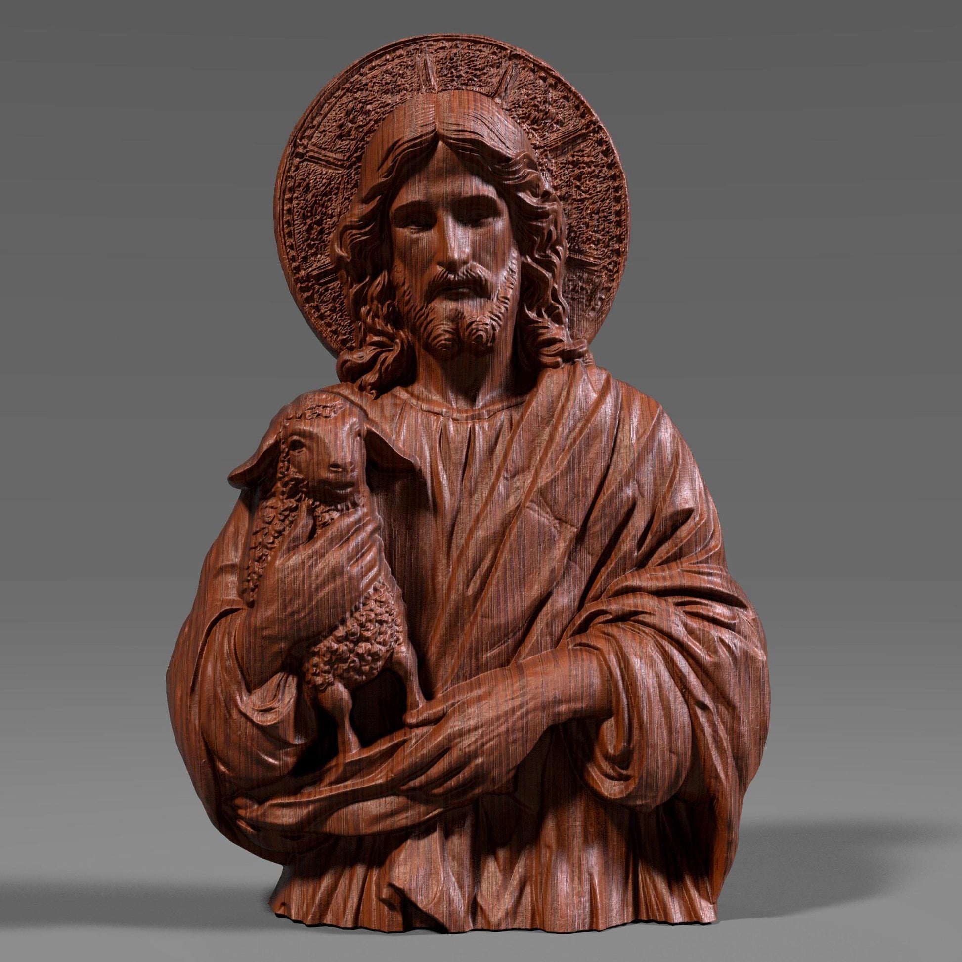 3D bas-relief carving of Jesus Christ tenderly holding a lamb, symbolizing the Good Shepherd, rendered in a wooden texture with detailed folds in the robe and a radiant halo behind His head. The serene facial expression and lifelike curly wool on the lamb reflect deep spiritual care and protection. This artwork is ideal for Christian homes, churches, and religious gift-giving, designed as a CNC-friendly wood decor panel for laser engraving or wall display.