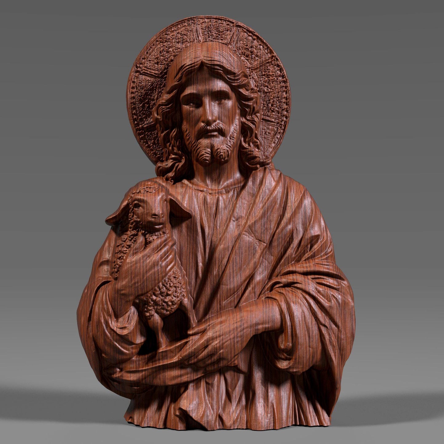 3D bas-relief carving of Jesus Christ tenderly holding a lamb, symbolizing the Good Shepherd, rendered in a wooden texture with detailed folds in the robe and a radiant halo behind His head. The serene facial expression and lifelike curly wool on the lamb reflect deep spiritual care and protection. This artwork is ideal for Christian homes, churches, and religious gift-giving, designed as a CNC-friendly wood decor panel for laser engraving or wall display.