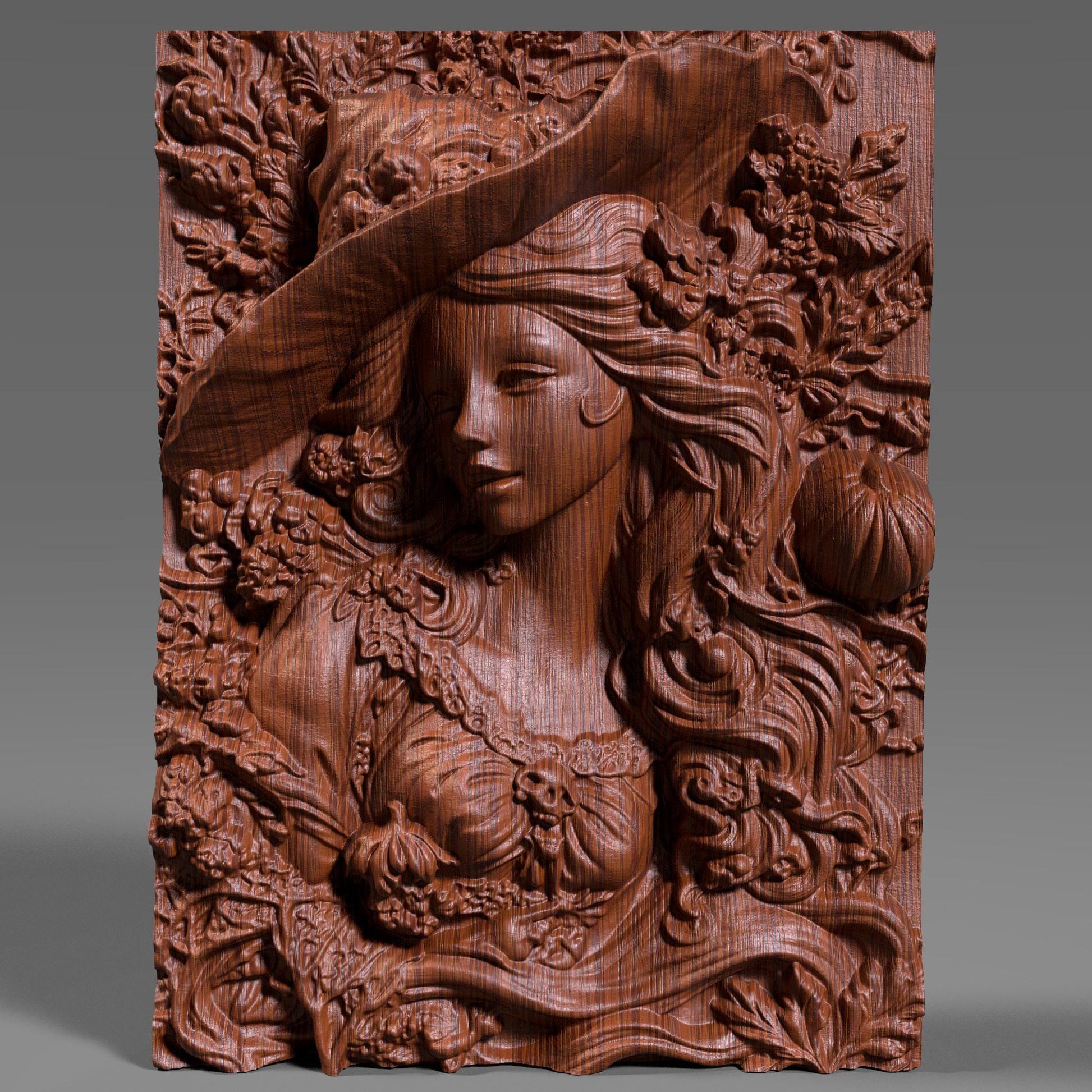 Highly detailed 3D bas-relief carving of a beautiful woman wearing a wide witch hat, her flowing hair intertwined with carved pumpkins, skulls, leaves, and fall foliage. Her expression is serene and magical, evoking a sense of enchantment and seasonal mystique. This elegant autumn sorceress design is crafted in wood, ideal for Halloween or harvest-themed decor. Perfect for CNC carving, laser engraving, or wood wall art, this design blends femininity with fantasy and fall charm.
