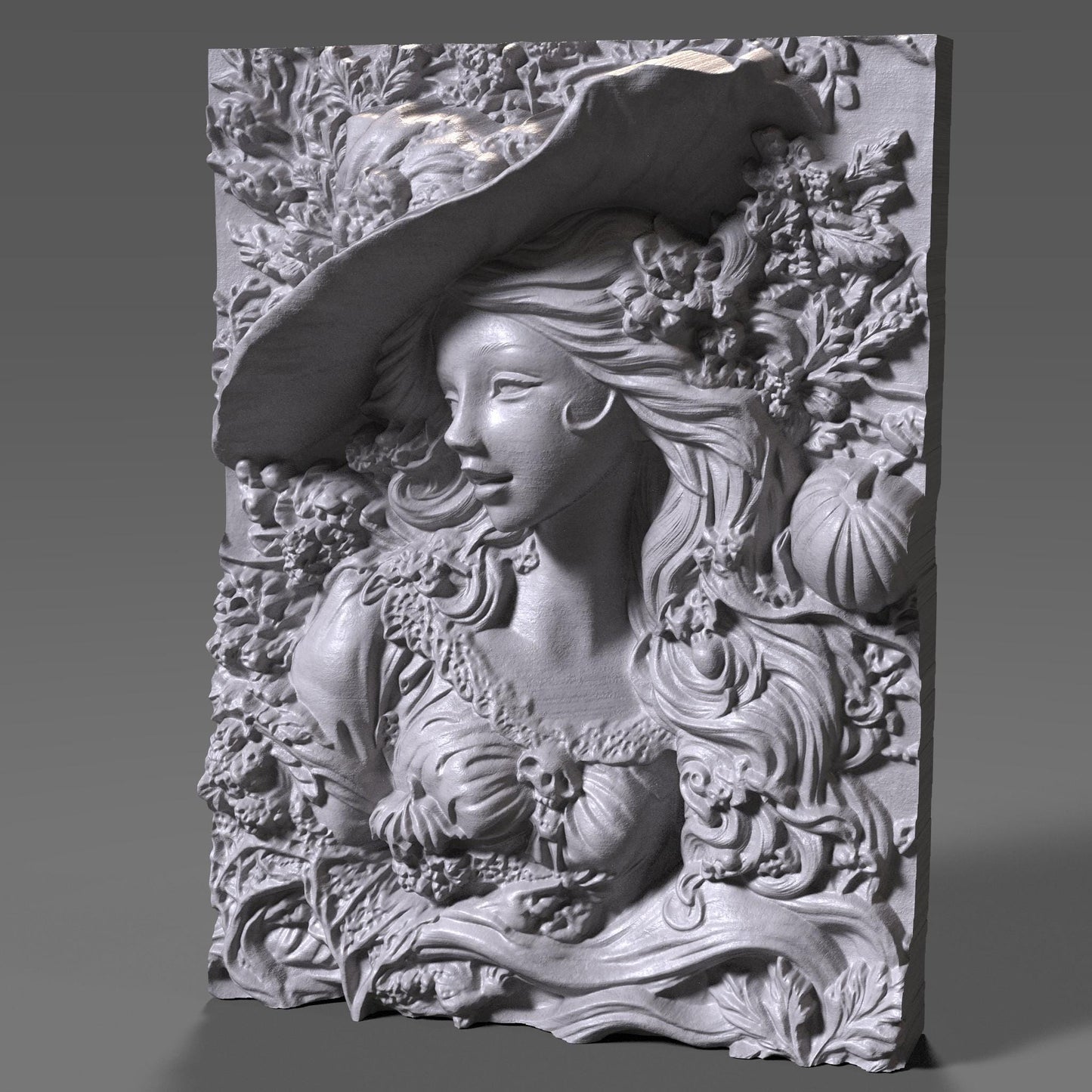 Highly detailed 3D bas-relief carving of a beautiful woman wearing a wide witch hat, her flowing hair intertwined with carved pumpkins, skulls, leaves, and fall foliage. Her expression is serene and magical, evoking a sense of enchantment and seasonal mystique. This elegant autumn sorceress design is crafted in wood, ideal for Halloween or harvest-themed decor. Perfect for CNC carving, laser engraving, or wood wall art, this design blends femininity with fantasy and fall charm.