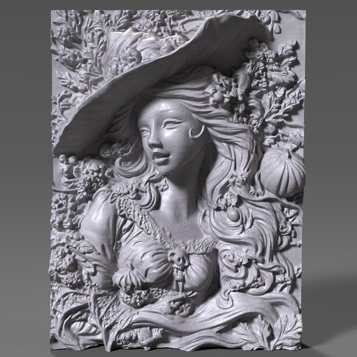 Highly detailed 3D bas-relief carving of a beautiful woman wearing a wide witch hat, her flowing hair intertwined with carved pumpkins, skulls, leaves, and fall foliage. Her expression is serene and magical, evoking a sense of enchantment and seasonal mystique. This elegant autumn sorceress design is crafted in wood, ideal for Halloween or harvest-themed decor. Perfect for CNC carving, laser engraving, or wood wall art, this design blends femininity with fantasy and fall charm.