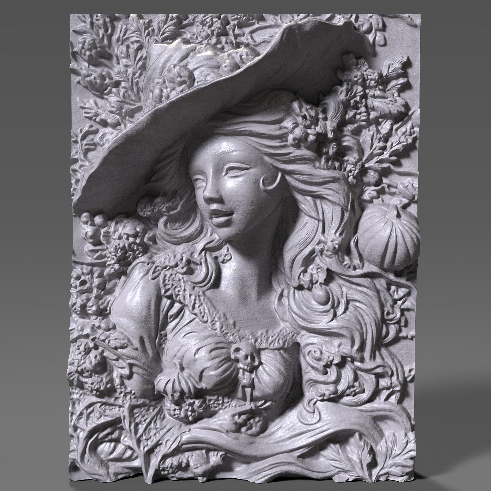 Highly detailed 3D bas-relief carving of a beautiful woman wearing a wide witch hat, her flowing hair intertwined with carved pumpkins, skulls, leaves, and fall foliage. Her expression is serene and magical, evoking a sense of enchantment and seasonal mystique. This elegant autumn sorceress design is crafted in wood, ideal for Halloween or harvest-themed decor. Perfect for CNC carving, laser engraving, or wood wall art, this design blends femininity with fantasy and fall charm.